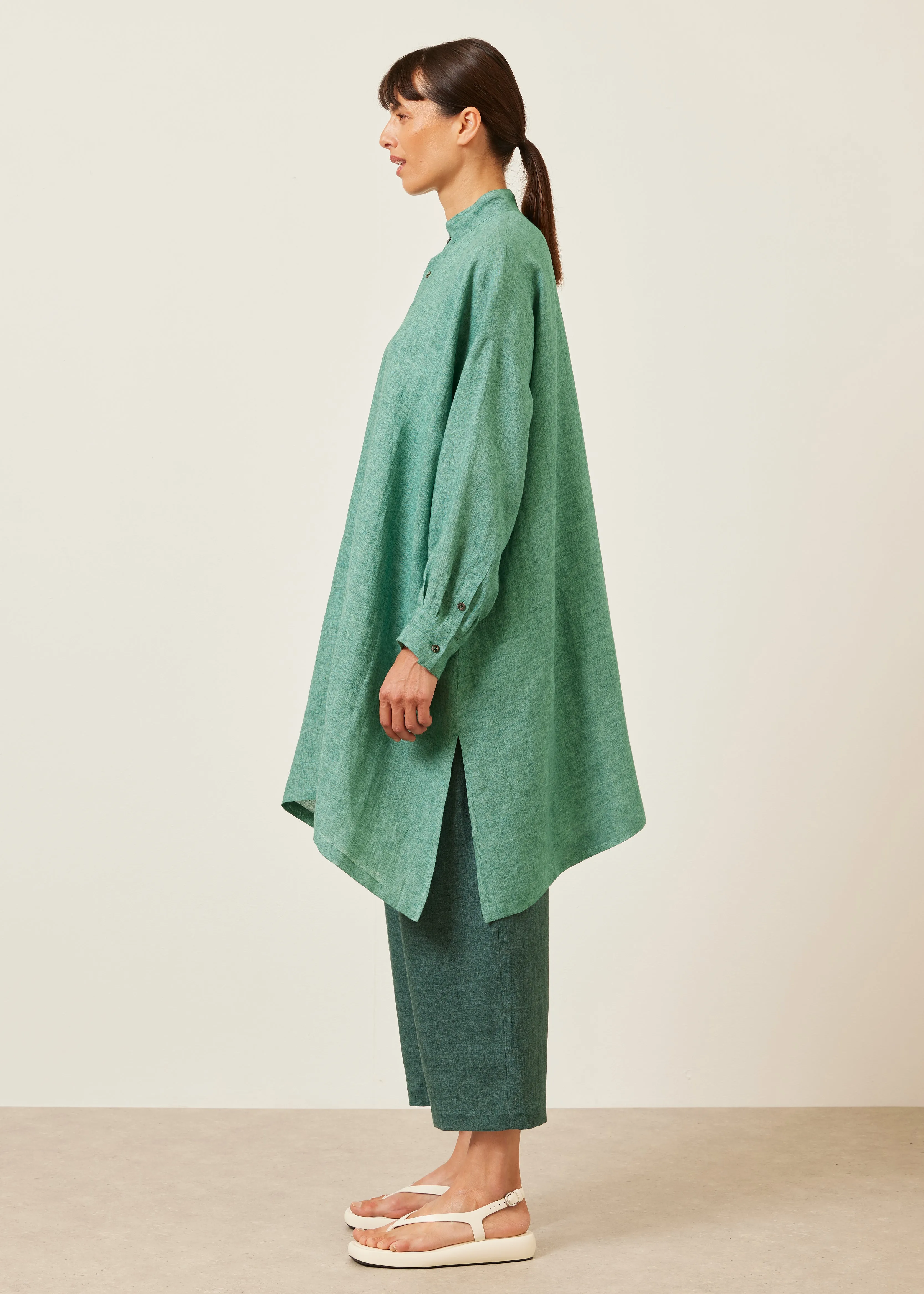 handkerchief linen wide a-line collarless shirt - very long with slits sold by eskandar product image thumbnail 3