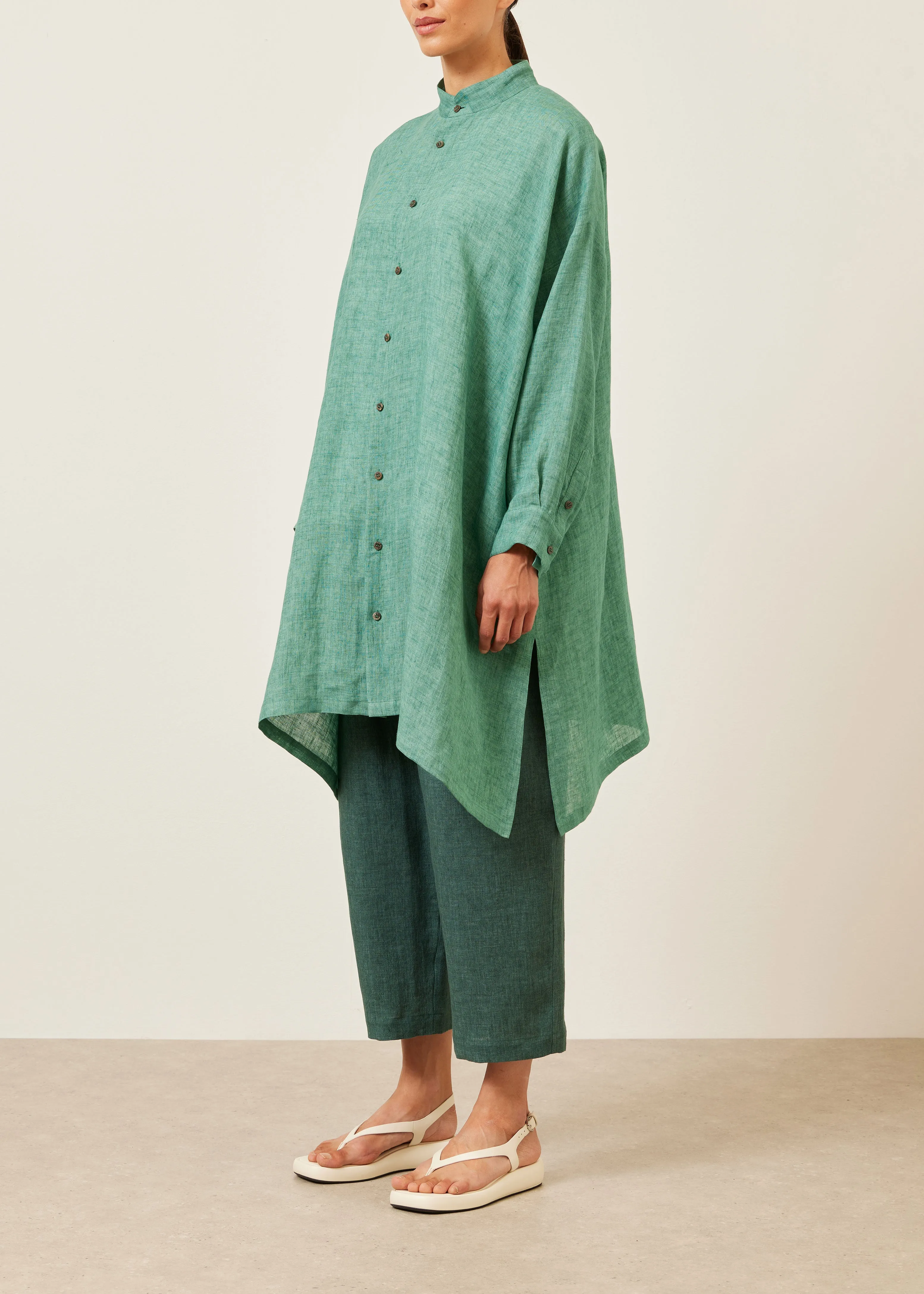 handkerchief linen wide a-line collarless shirt - very long with slits sold by eskandar product image thumbnail 2