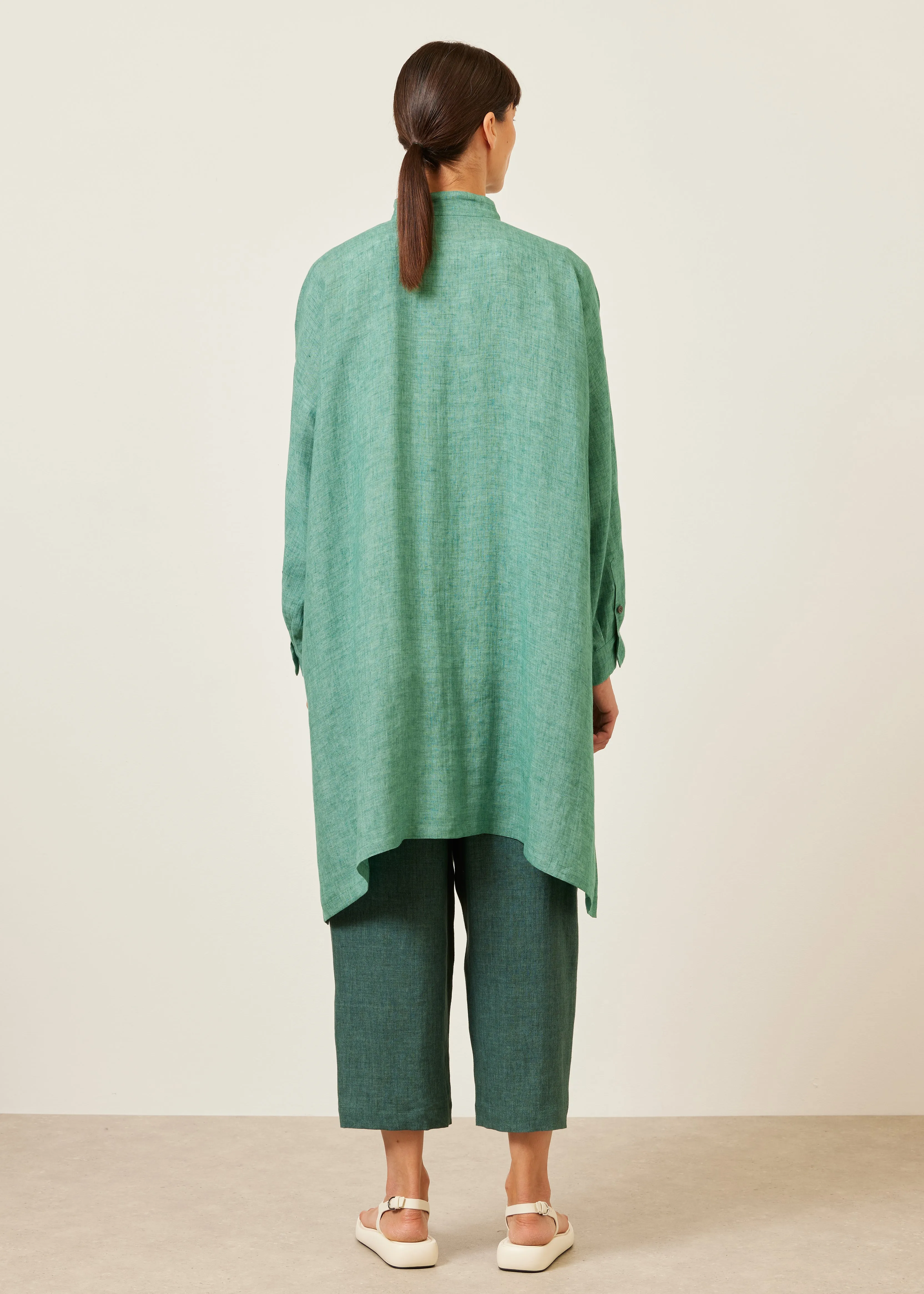 handkerchief linen wide a-line collarless shirt - very long with slits sold by eskandar product image thumbnail 4