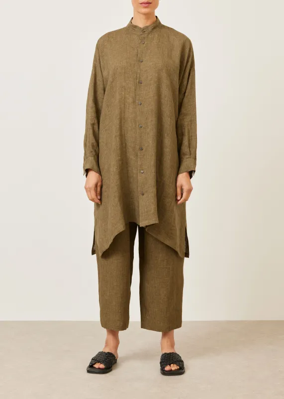 linen wide a-line collarless shirt - very long with slits sold by eskandar