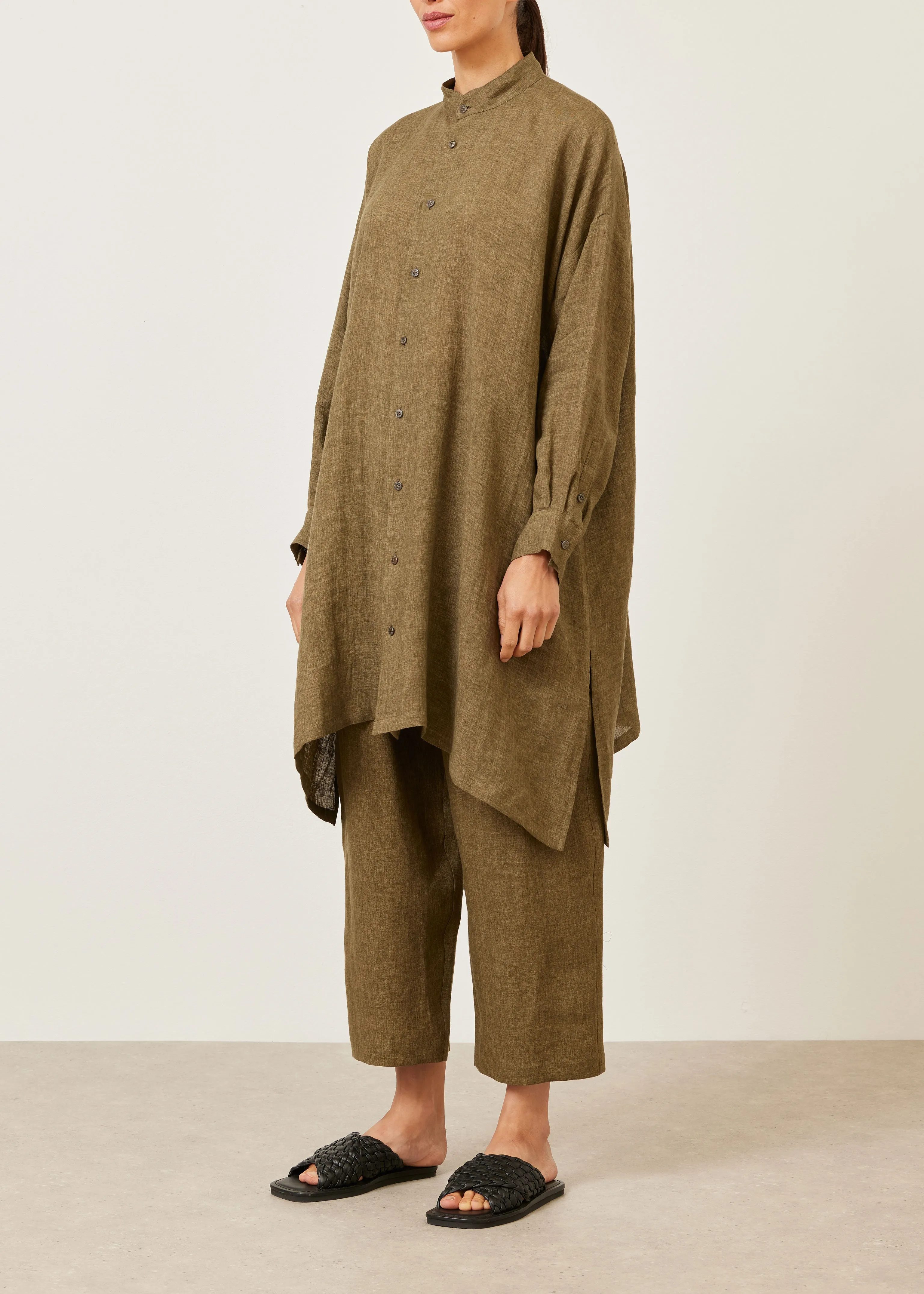 linen wide a-line collarless shirt - very long with slits sold by eskandar product image thumbnail 2