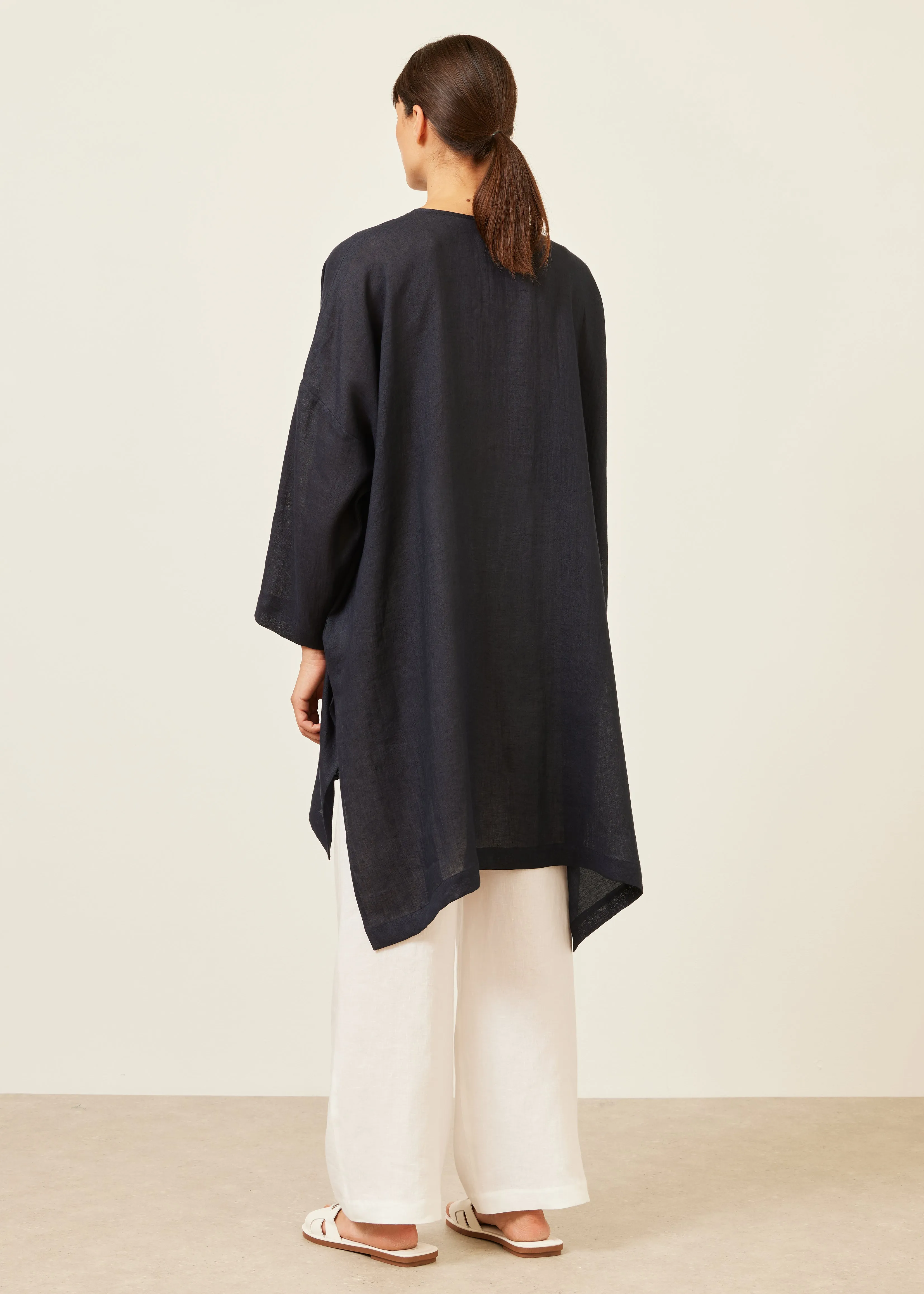 linen wide longer back bound neck shirt - very long with slits (navydark) sold by eskandar product image thumbnail 3
