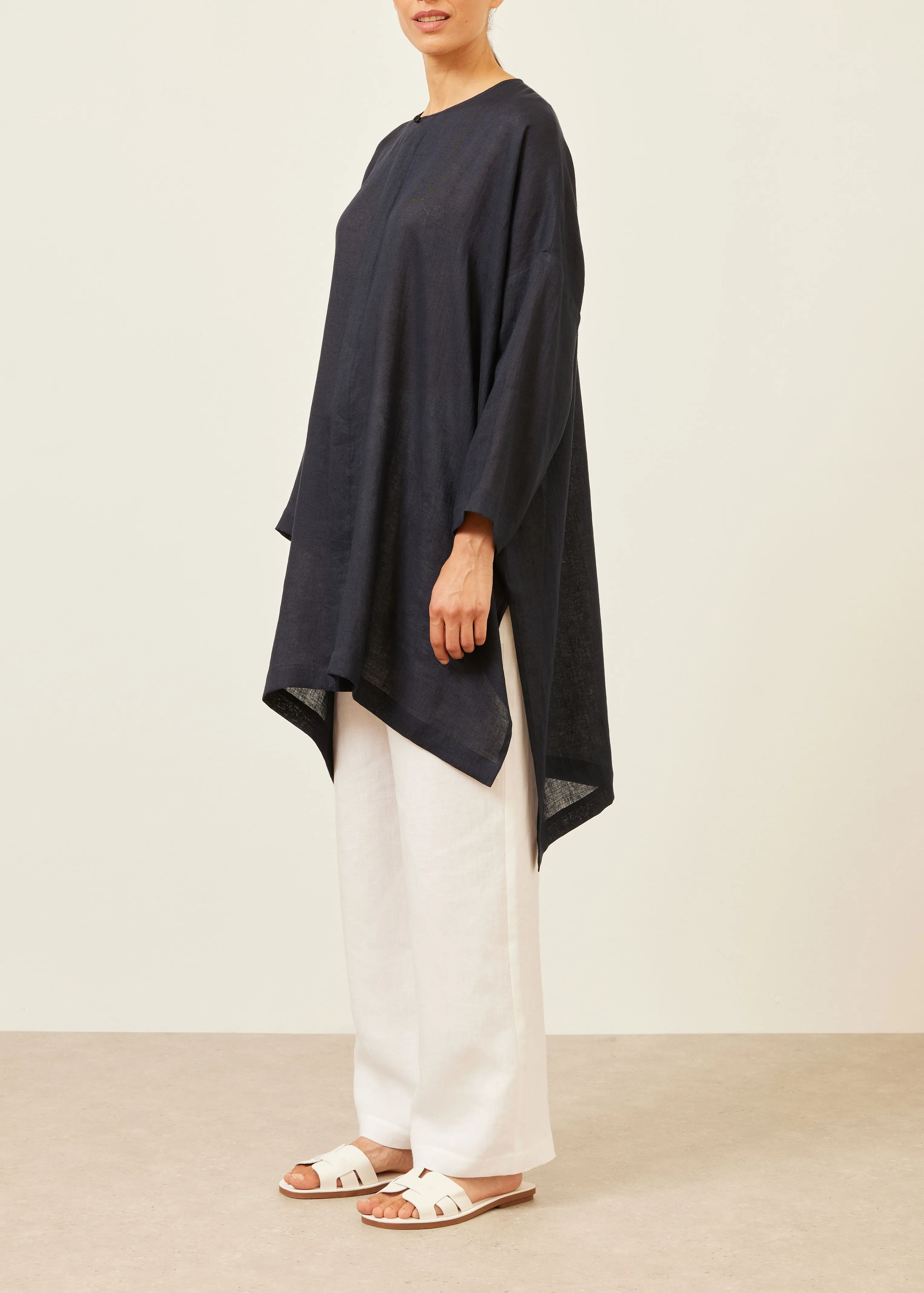 linen wide longer back bound neck shirt - very long with slits (navydark) sold by eskandar