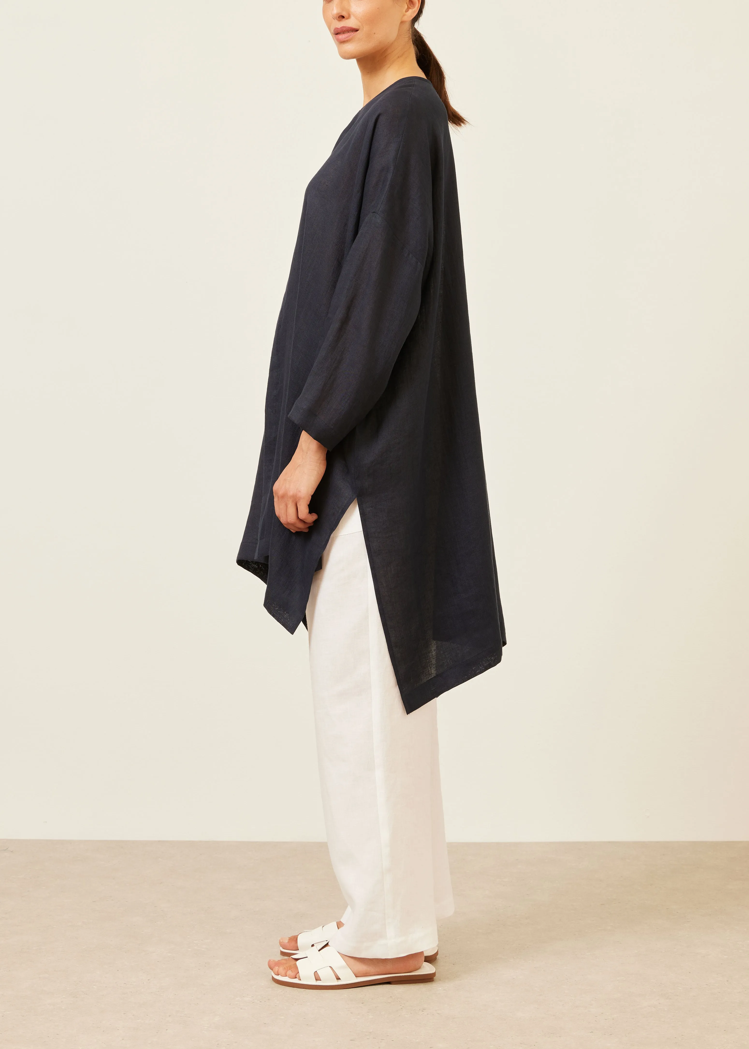 linen wide longer back bound neck shirt - very long with slits (navydark) sold by eskandar product image thumbnail 2