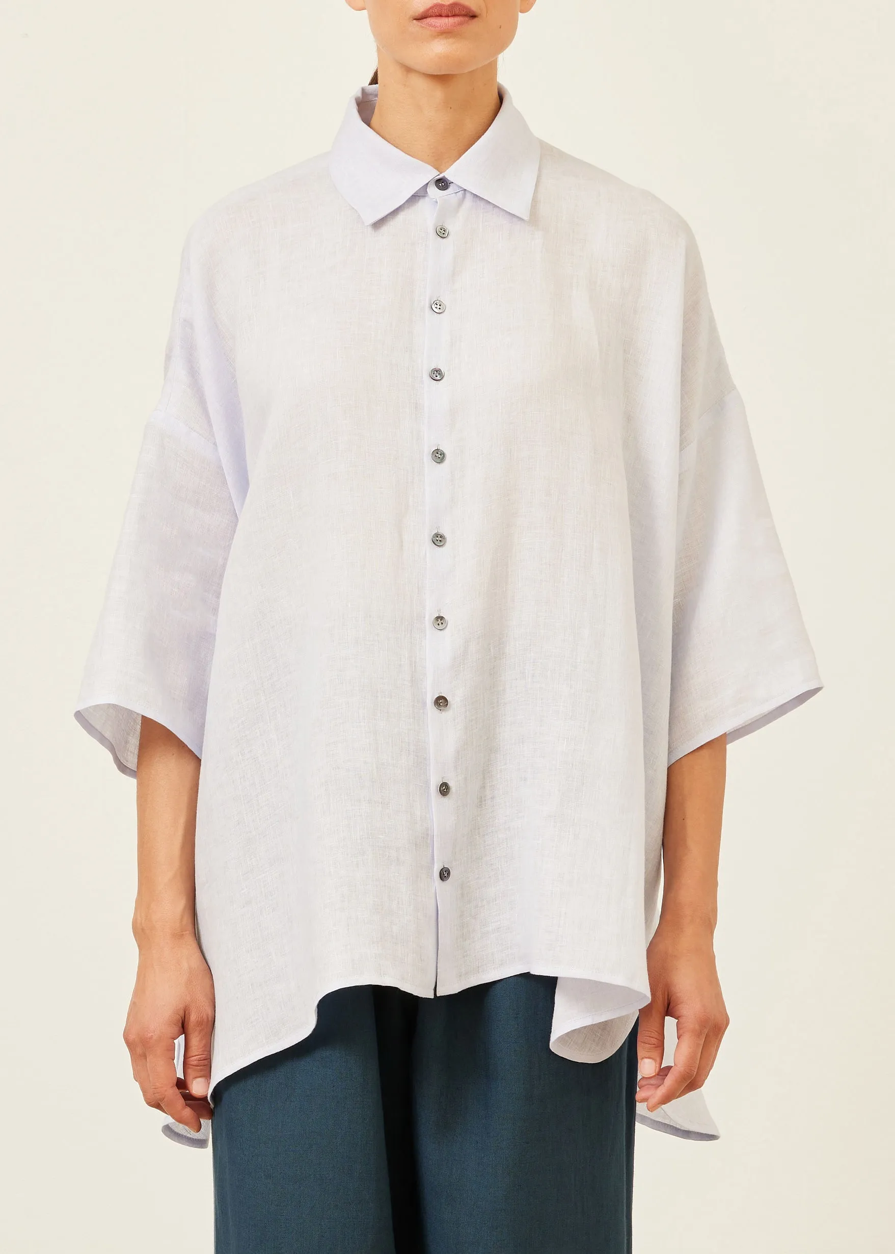 handkerchief linen sloped shoulder wide a-line short sleeve shirt with collar - long sold by eskandar