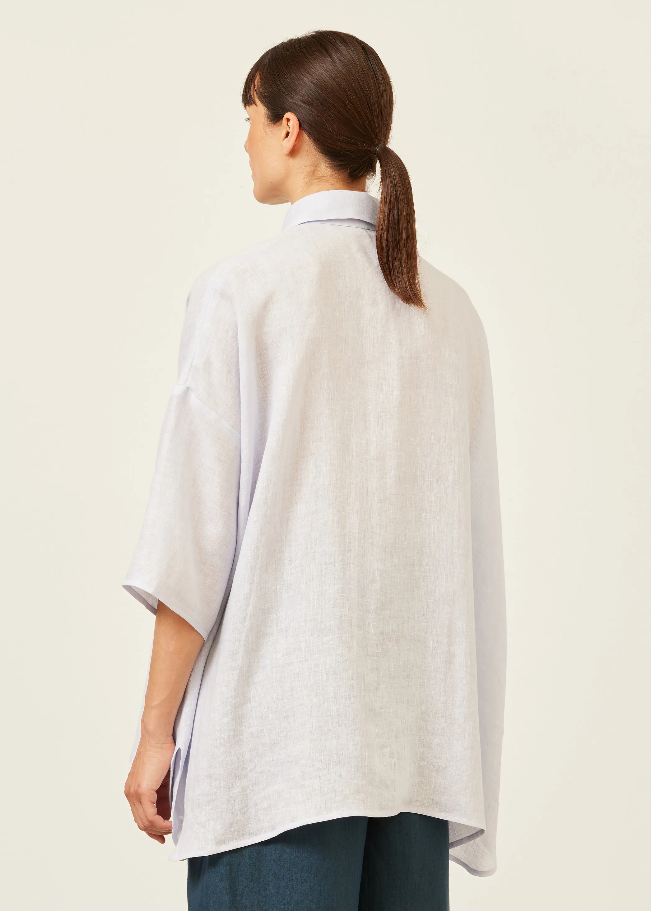 handkerchief linen sloped shoulder wide a-line short sleeve shirt with collar - long sold by eskandar product image thumbnail 4