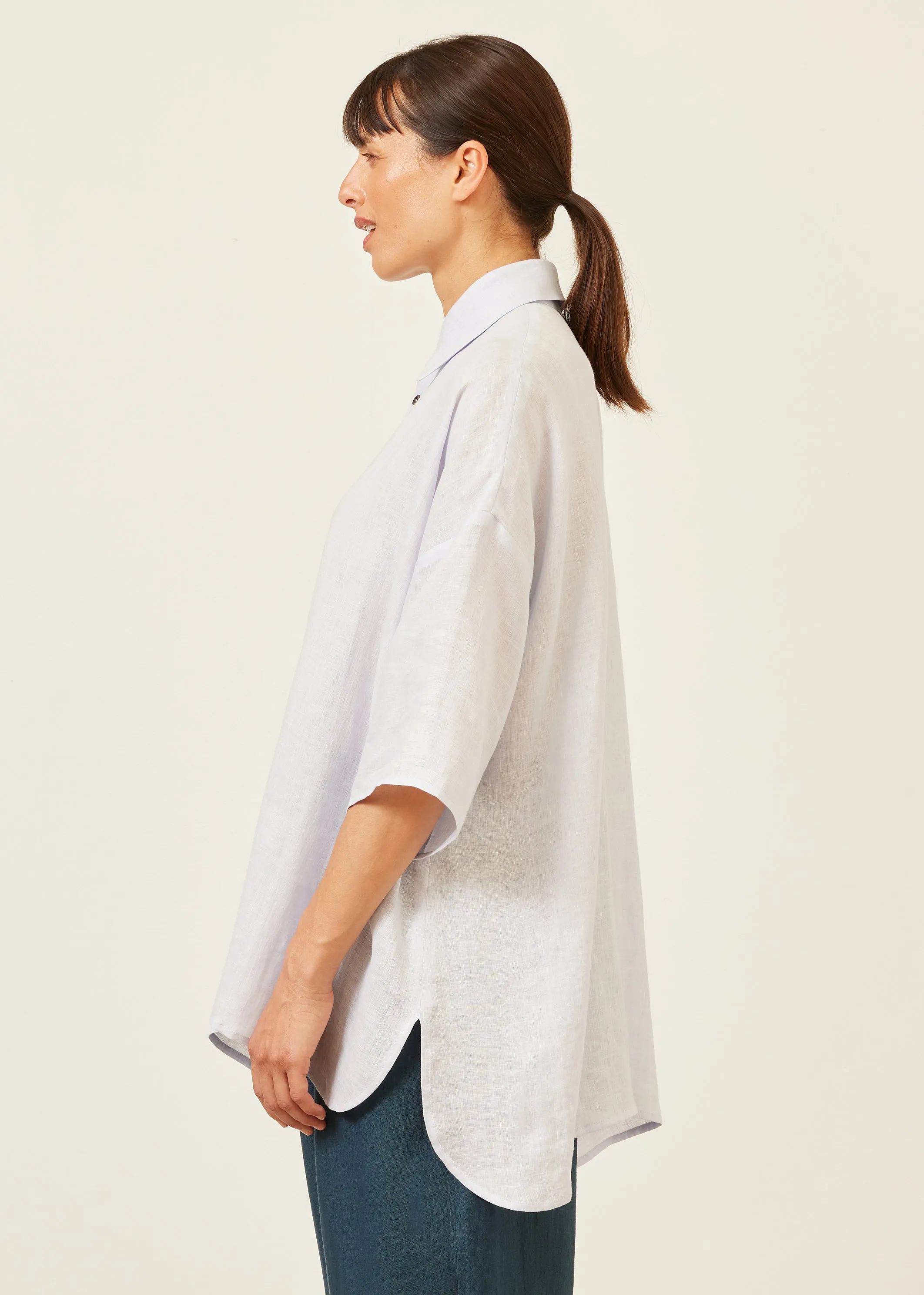 handkerchief linen sloped shoulder wide a-line short sleeve shirt with collar - long sold by eskandar product image thumbnail 3