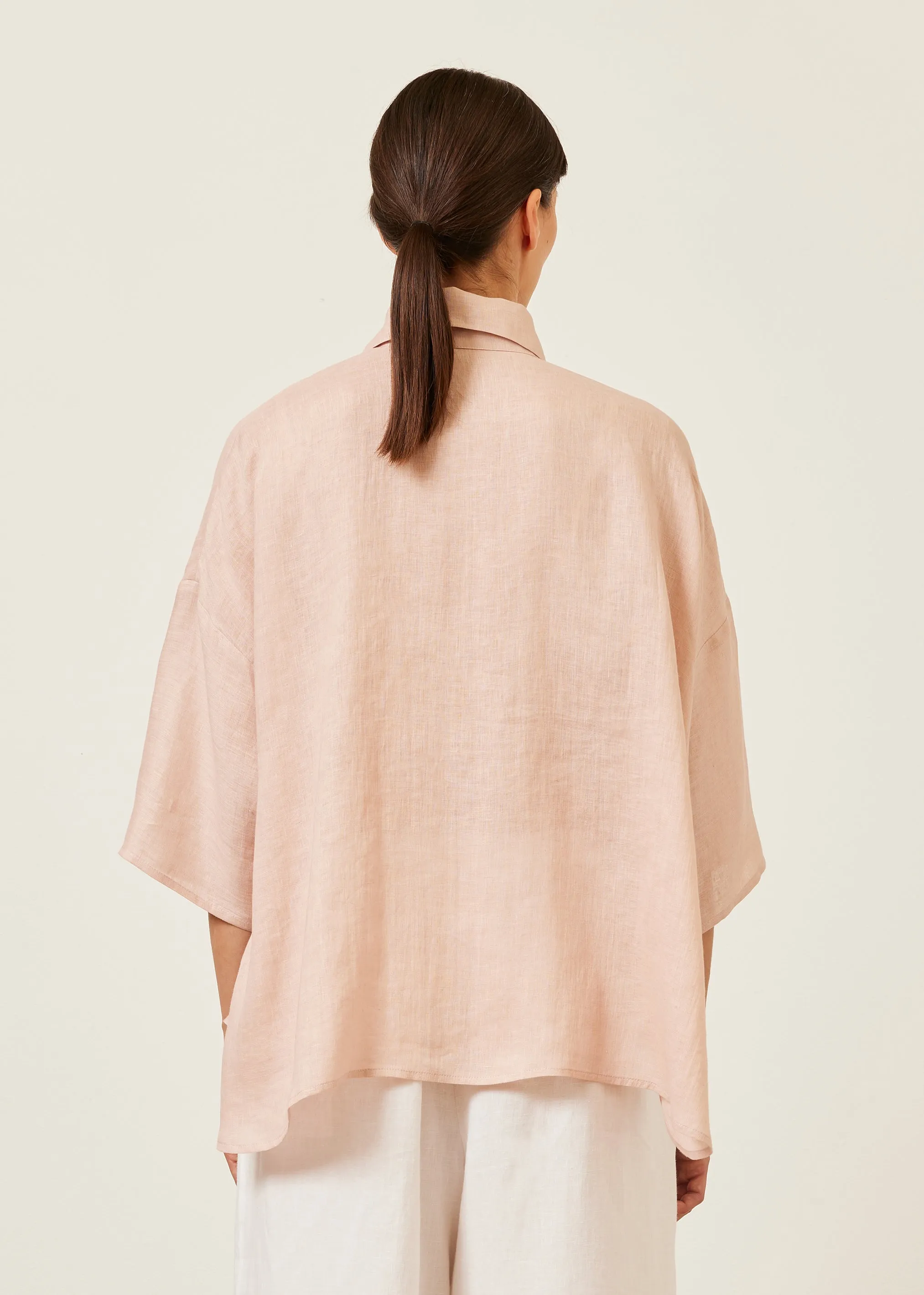 linen sloped shoulder wide a-line short sleeve shirt with collar - mid sold by eskandar product image thumbnail 3