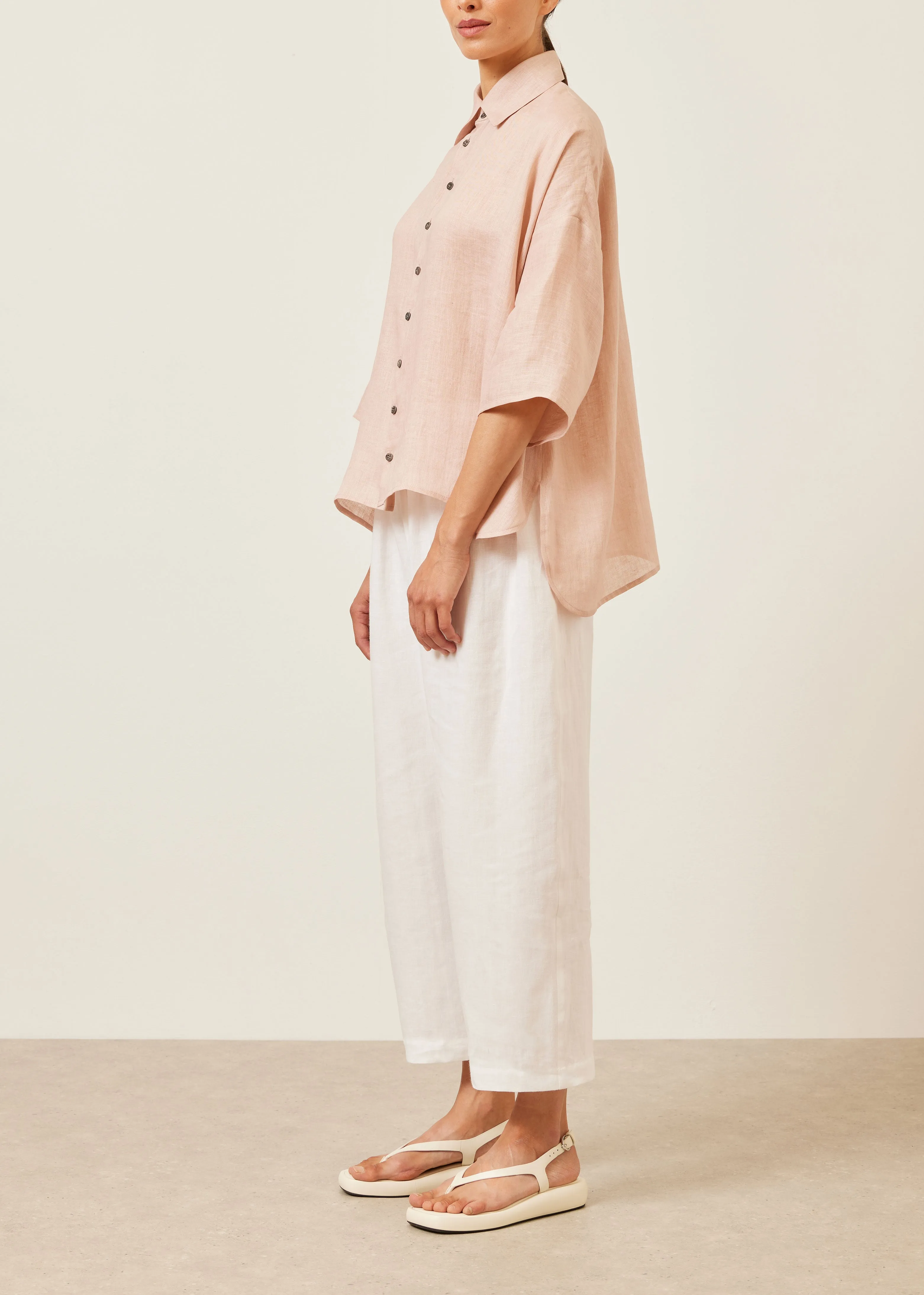 linen sloped shoulder wide a-line short sleeve shirt with collar - mid sold by eskandar product image thumbnail 2