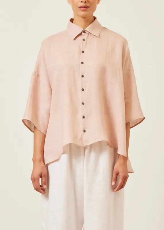 linen sloped shoulder wide a-line short sleeve shirt with collar - mid sold by eskandar