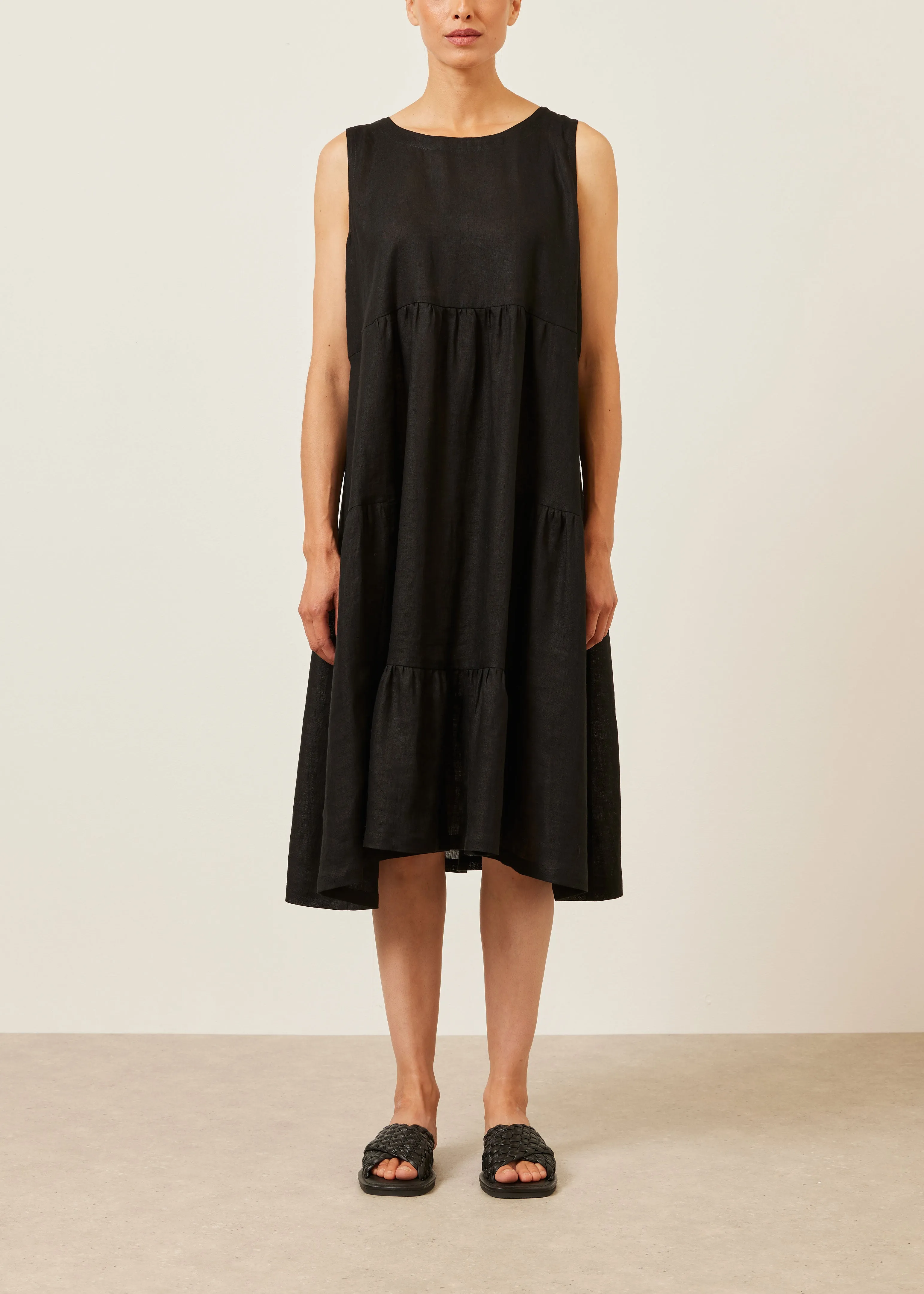 linen tiered pleated sleeveless dress sold by eskandar