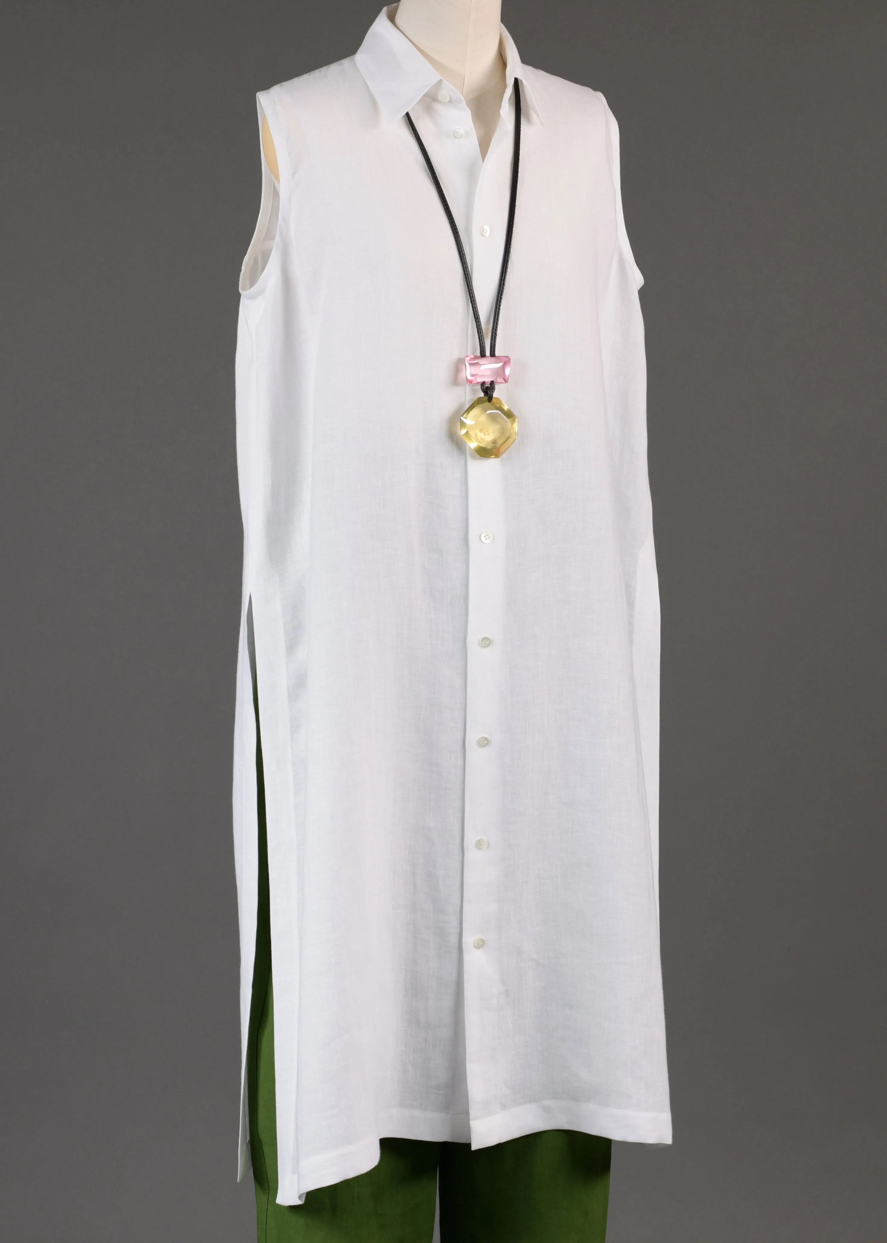 linen slim a-line sleeveless shirt dress with collar and side slit detail in white sold by eskandar