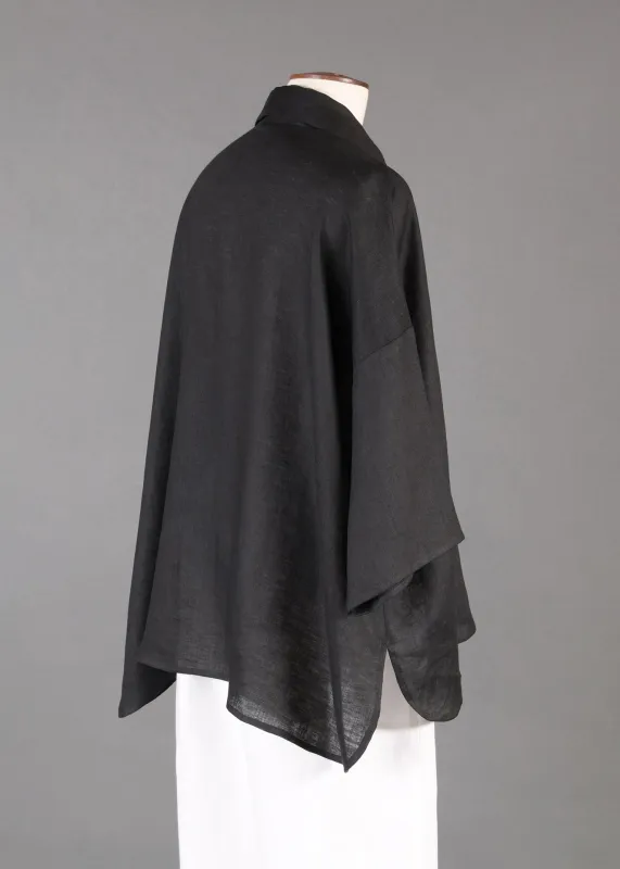 linen sloped shoulder wide a-line short sleeve shirt with collar - mid in black sold by eskandar