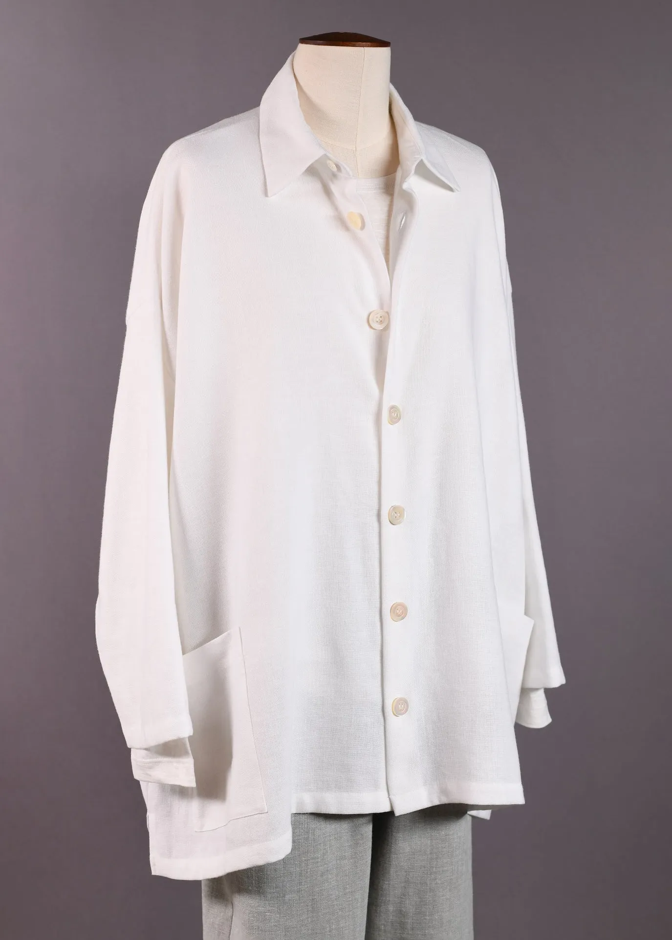linen mix wide a-line back pleat jacket with collar - long sold by eskandar