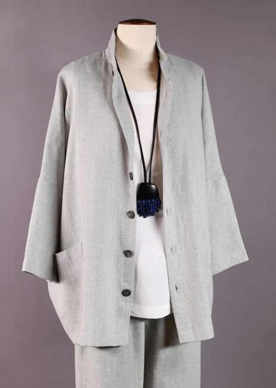linen 3/4 sleeve sloped shoulder jacket with double stand collar- long sold by eskandar