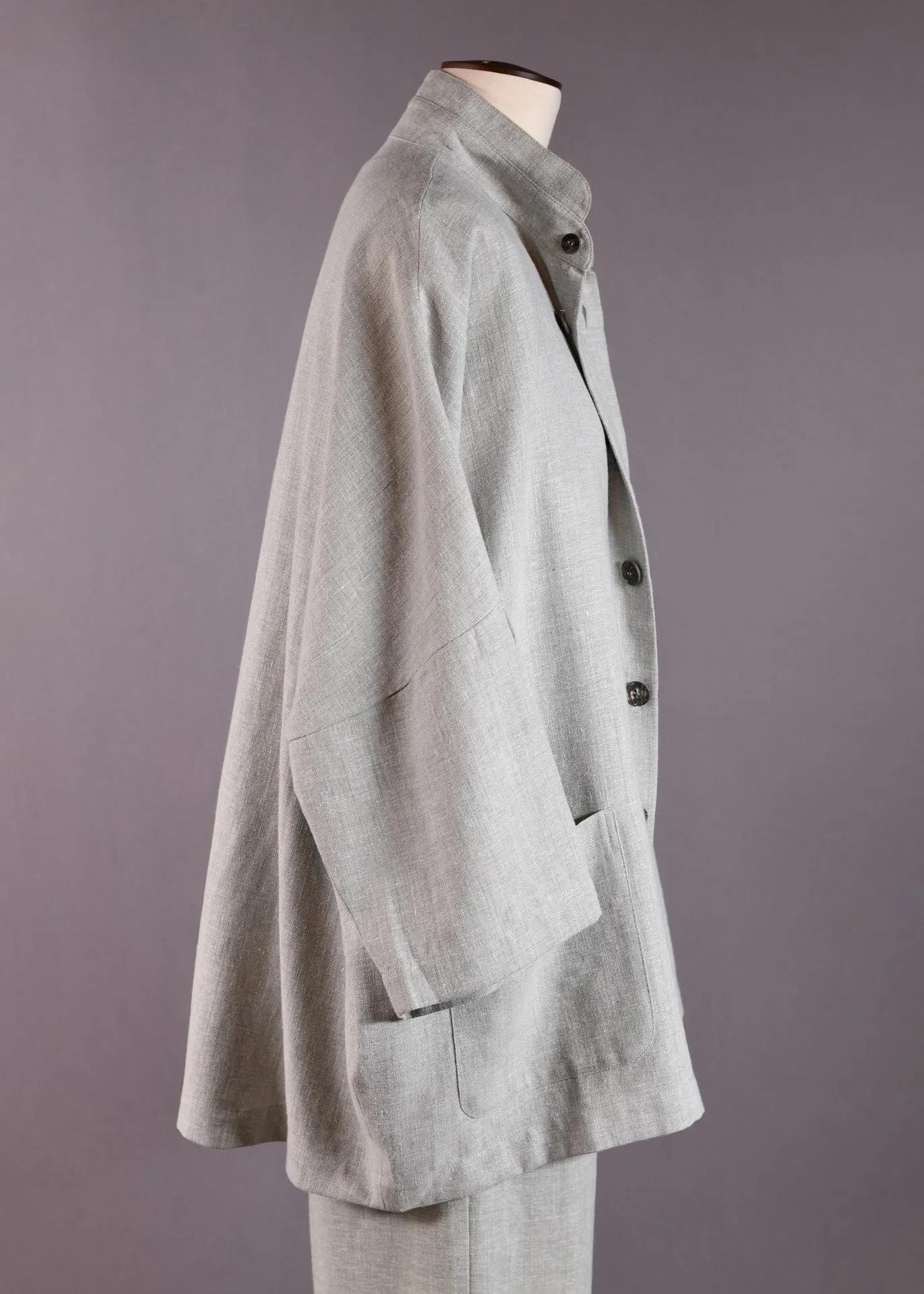 linen 3/4 sleeve sloped shoulder jacket with double stand collar- long sold by eskandar product image thumbnail 2
