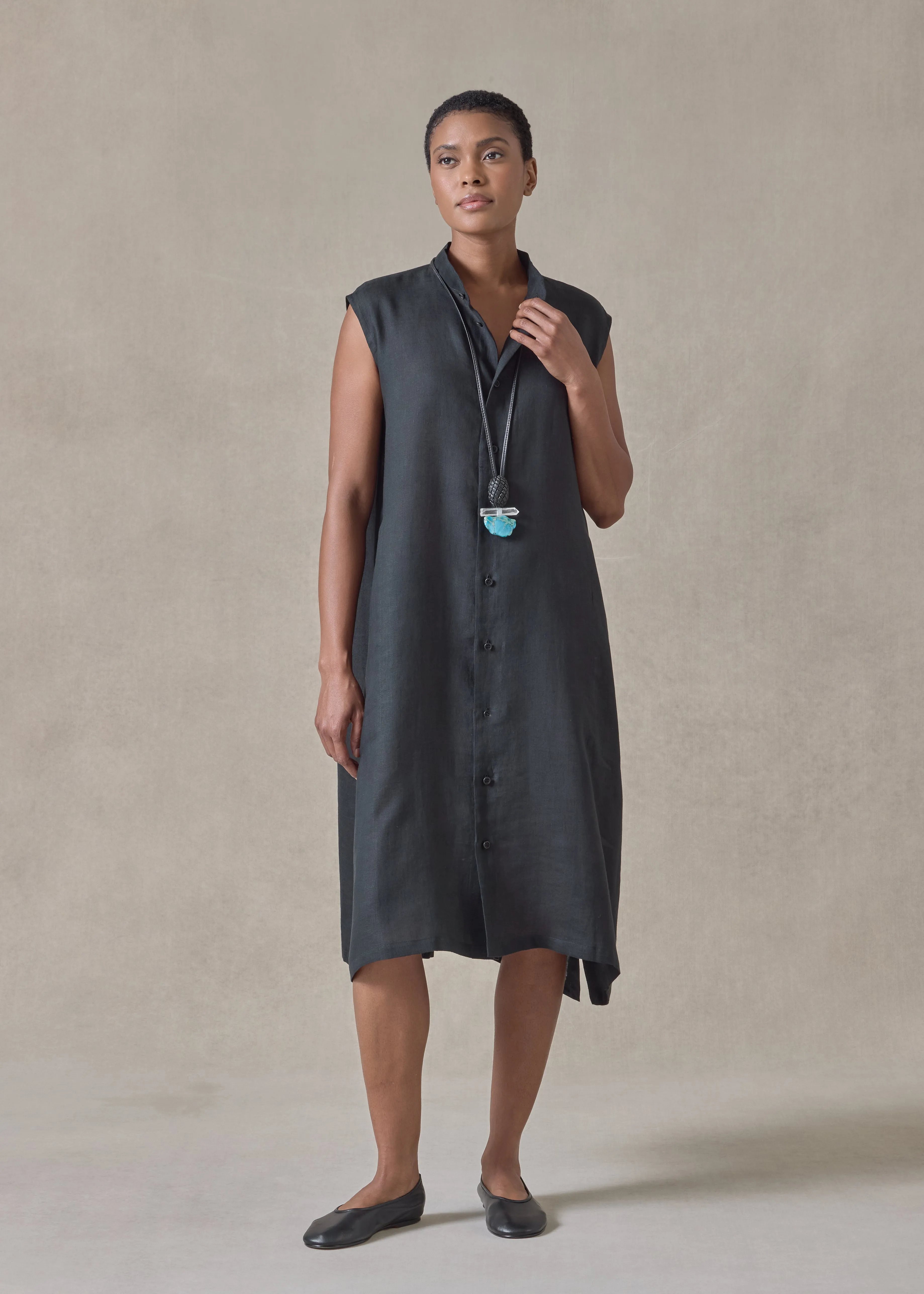 linen a-line collarless sleeveless shirt dress sold by eskandar product image thumbnail 2