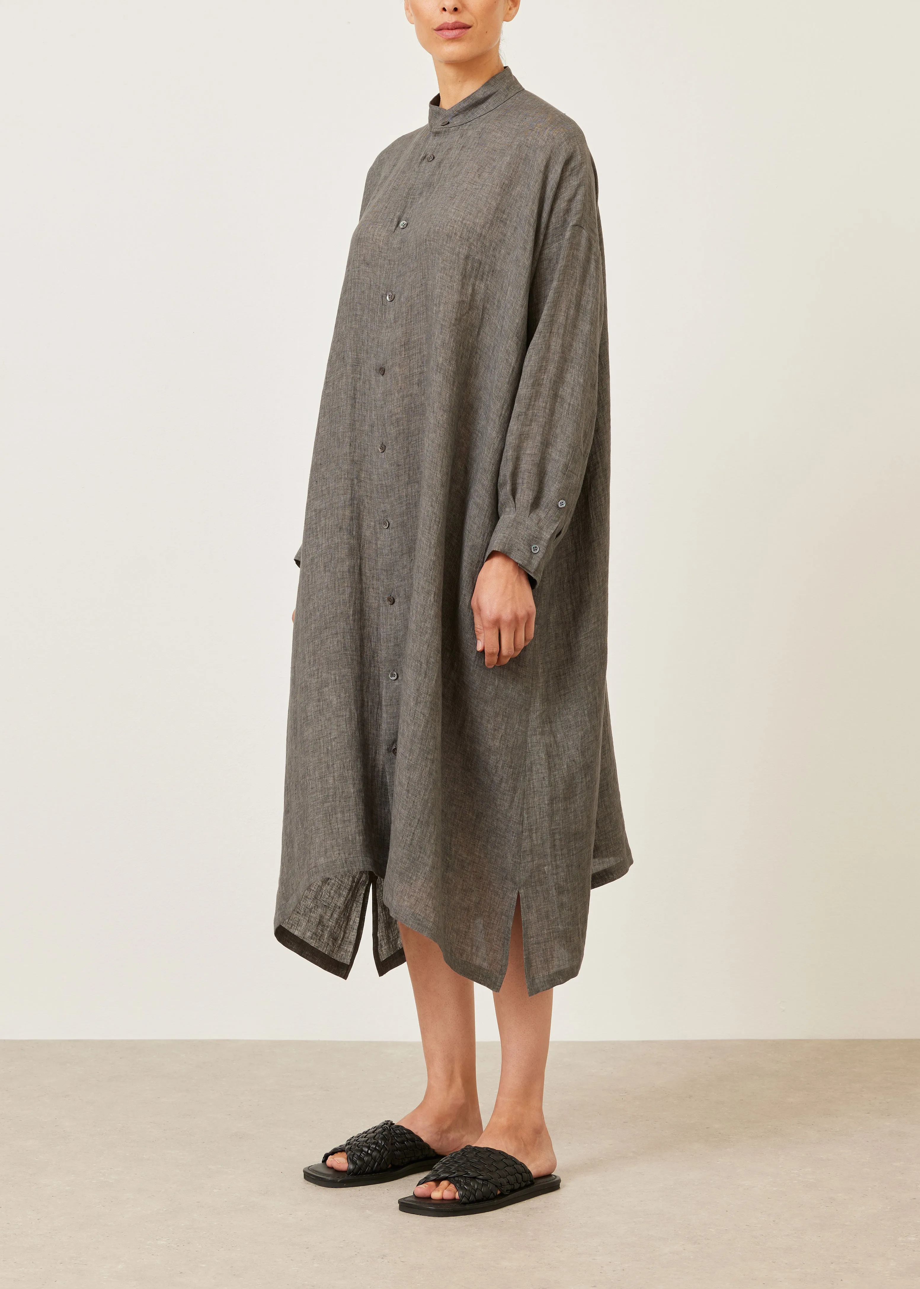 linen wide a-line collarless shirt dress sold by eskandar
