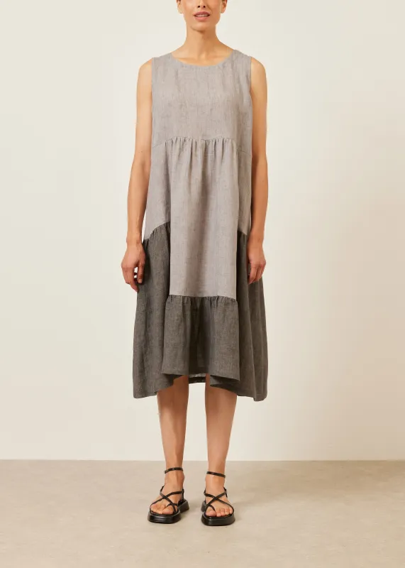 linen two tone tiered pleated sleeveless dress sold by eskandar