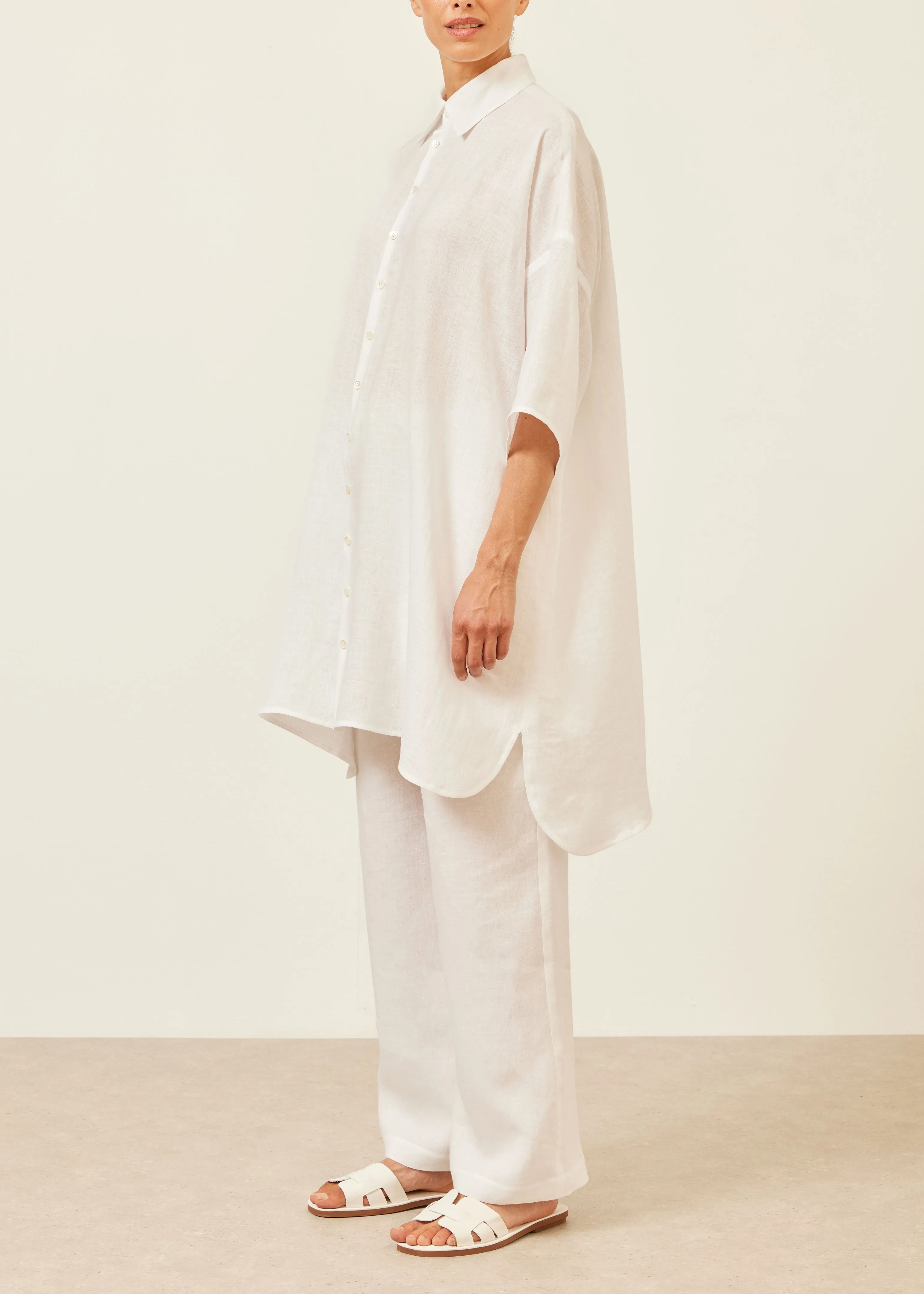 linen sloped shoulder wide a-line short sleeve shirt with collar - very long sold by eskandar