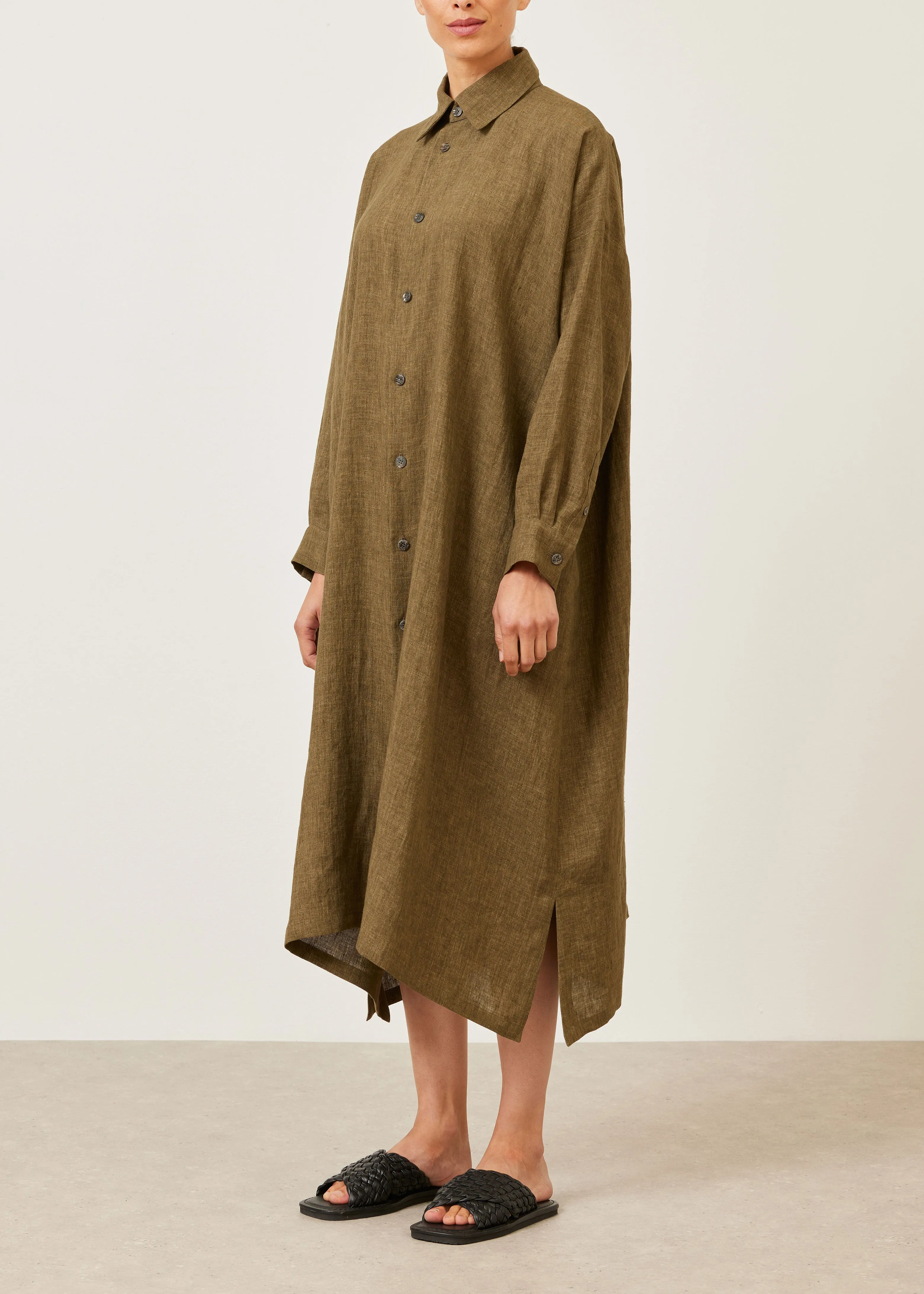 linen wide a-line shirt dress with collar sold by eskandar