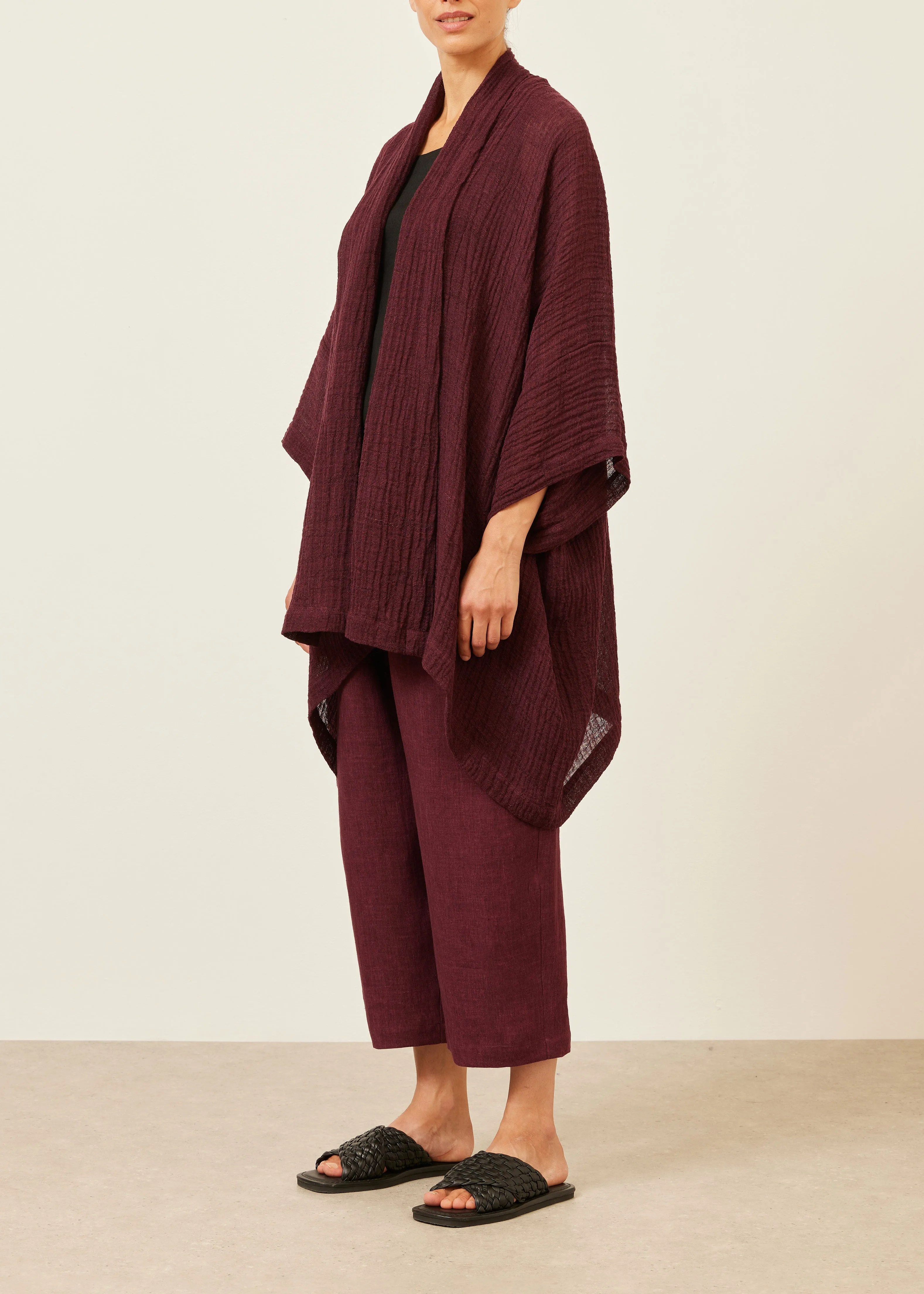 linen gauze wide short sleeve scrunch shawl collar jacket - long plus sold by eskandar