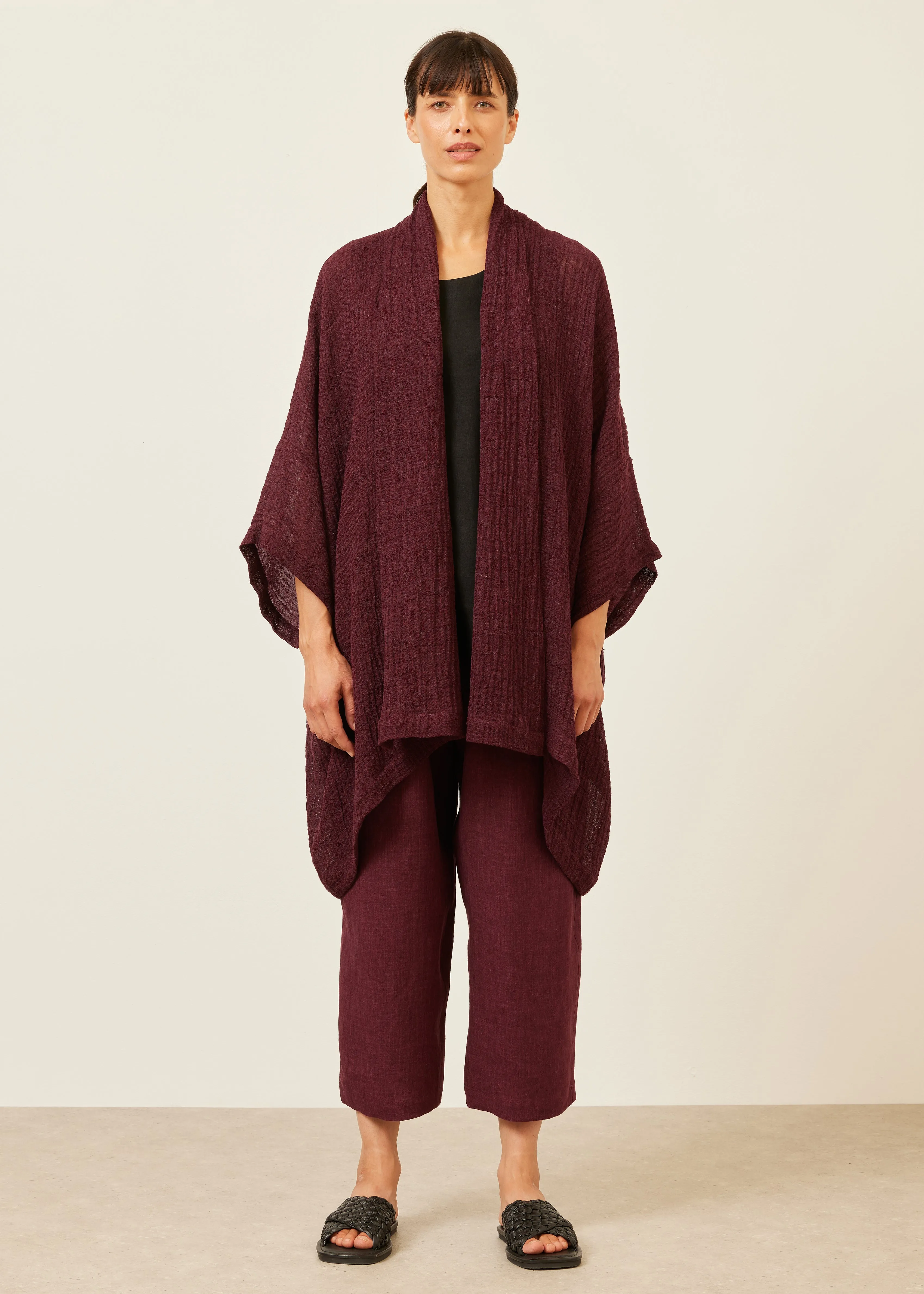 linen gauze wide short sleeve scrunch shawl collar jacket - long plus sold by eskandar product image thumbnail 3