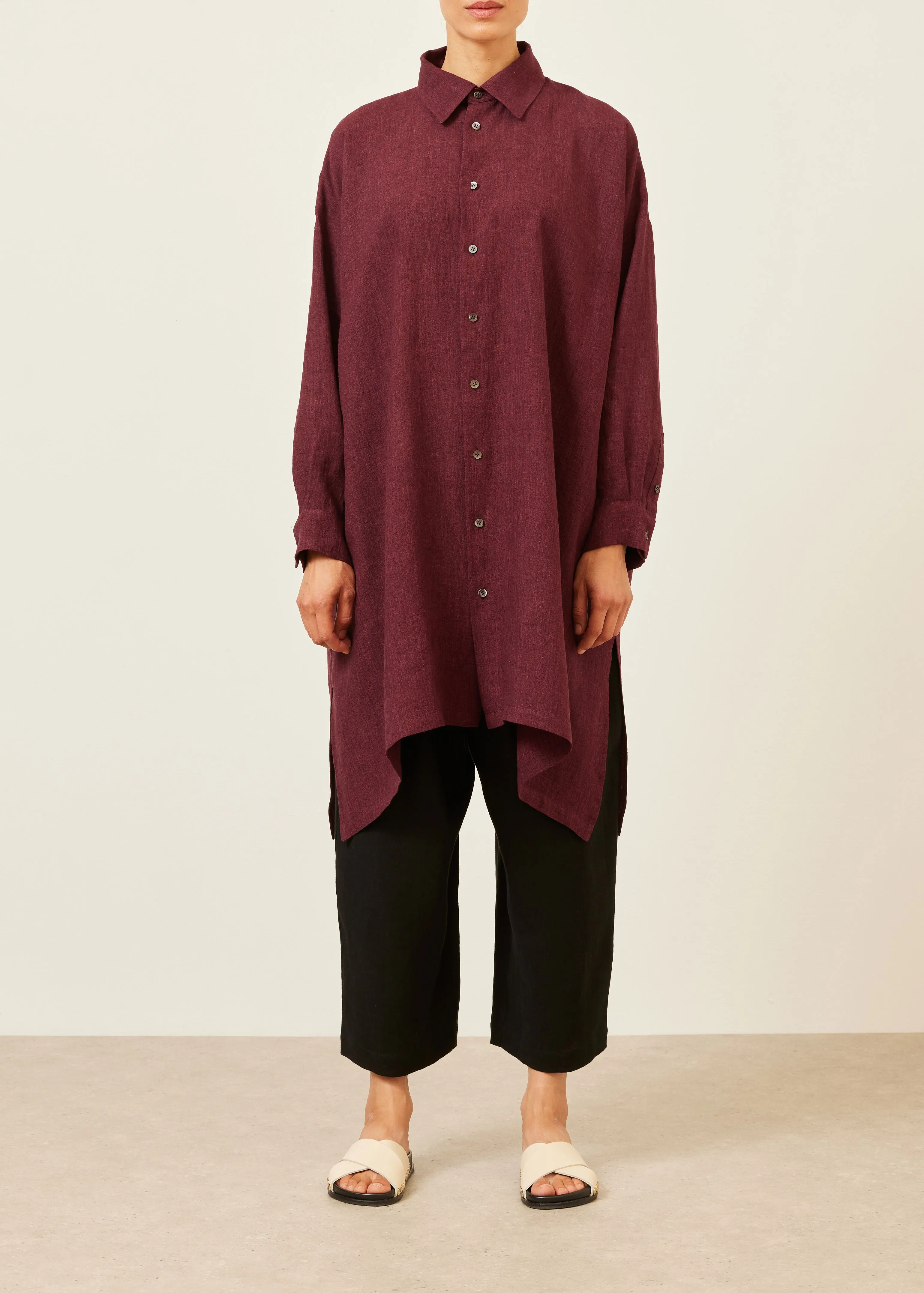 linen wide a-line shirt with collar - very long with slits sold by eskandar