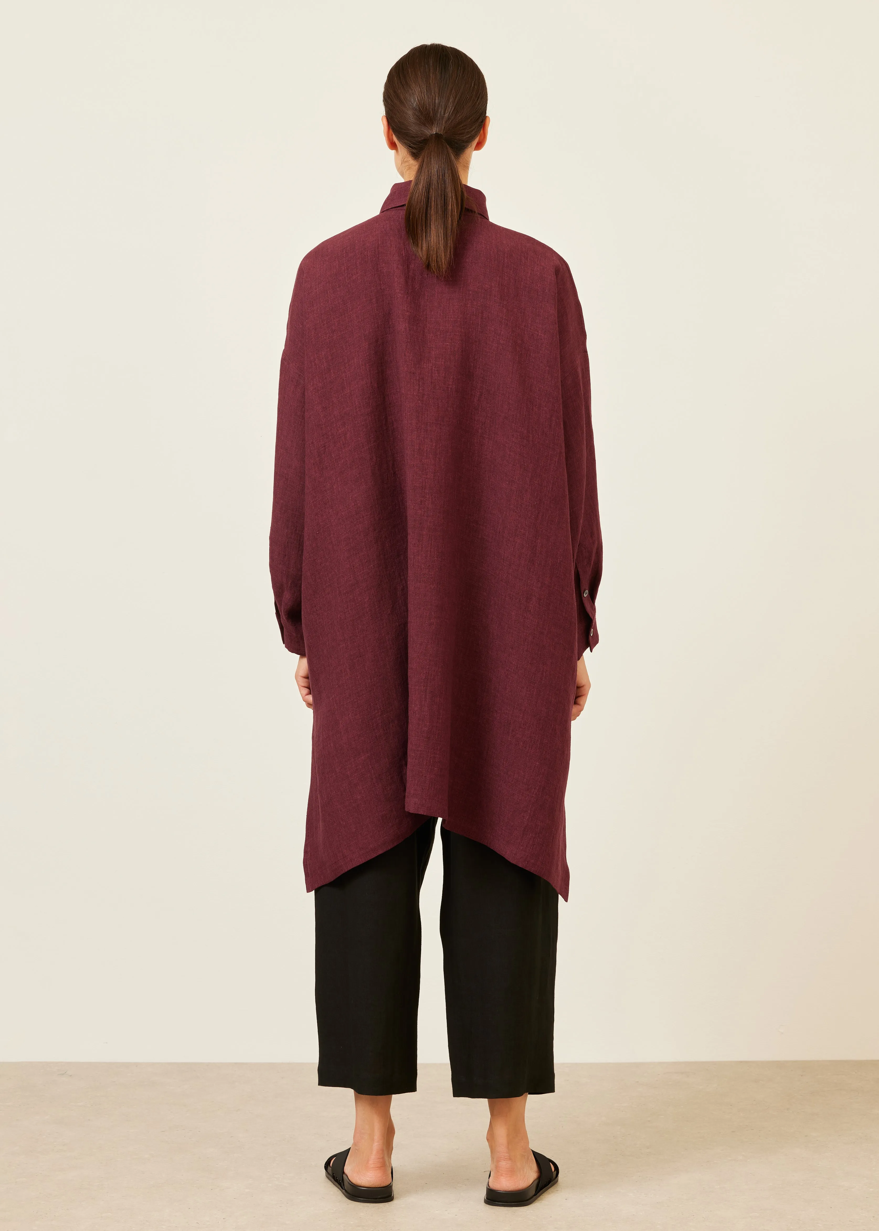 linen wide a-line shirt with collar - very long with slits sold by eskandar product image thumbnail 4