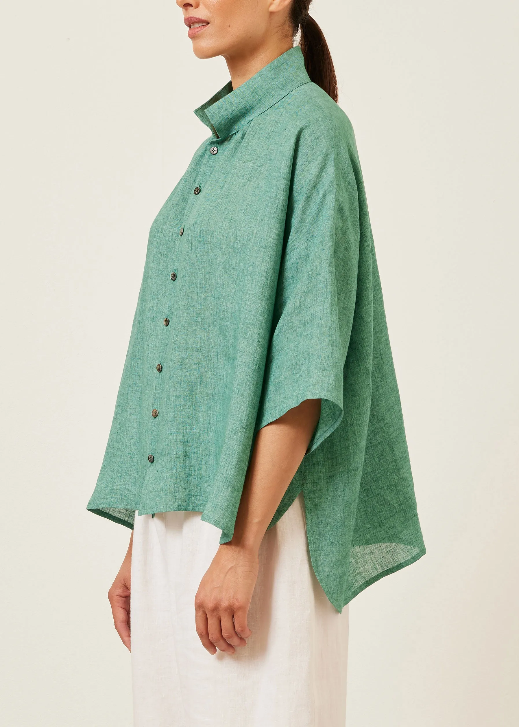handkerchief linen sloped shoulder wide a-line pleated collar short sleeve shirt - mid sold by eskandar