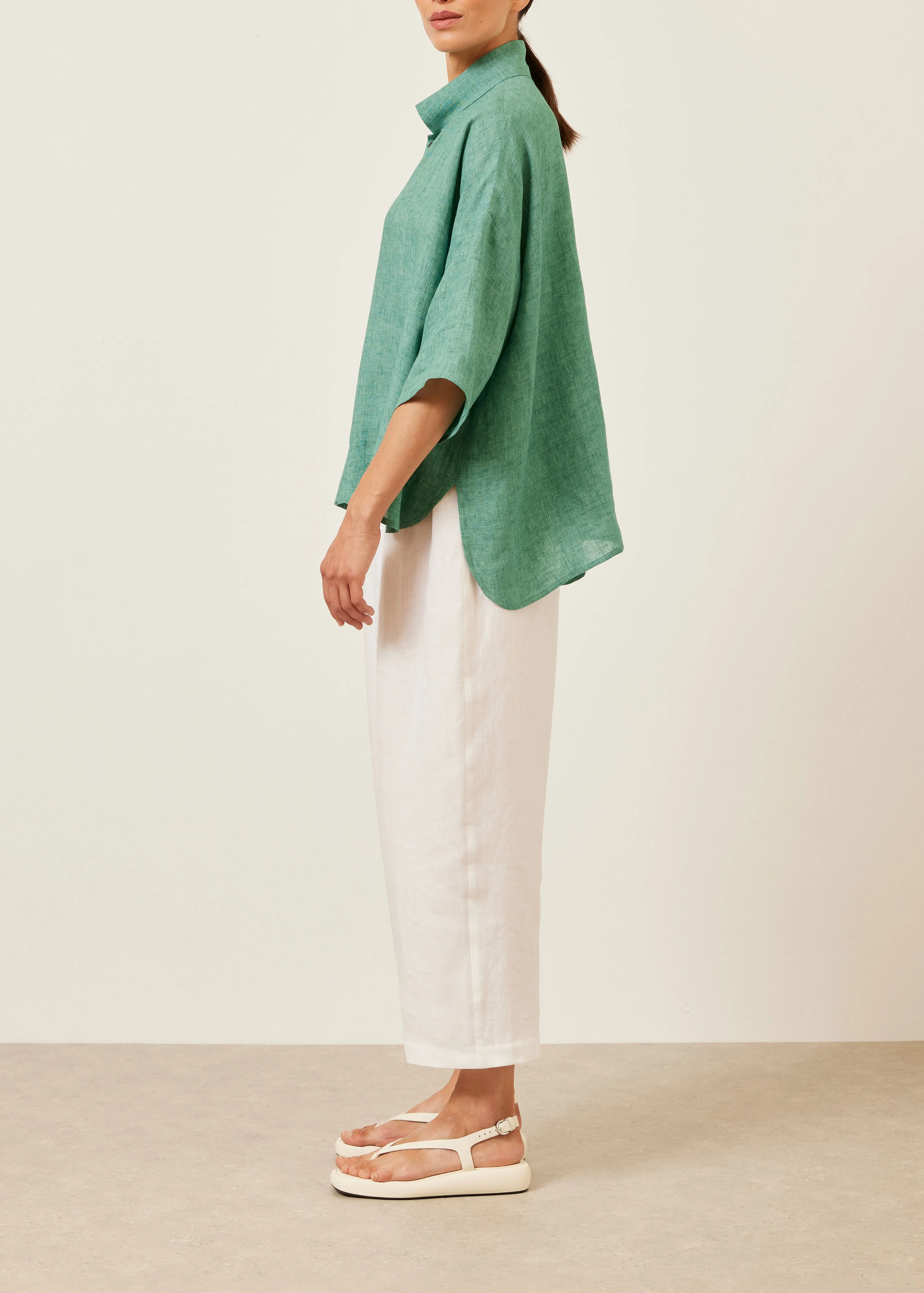 handkerchief linen sloped shoulder wide a-line pleated collar short sleeve shirt - mid sold by eskandar product image thumbnail 2