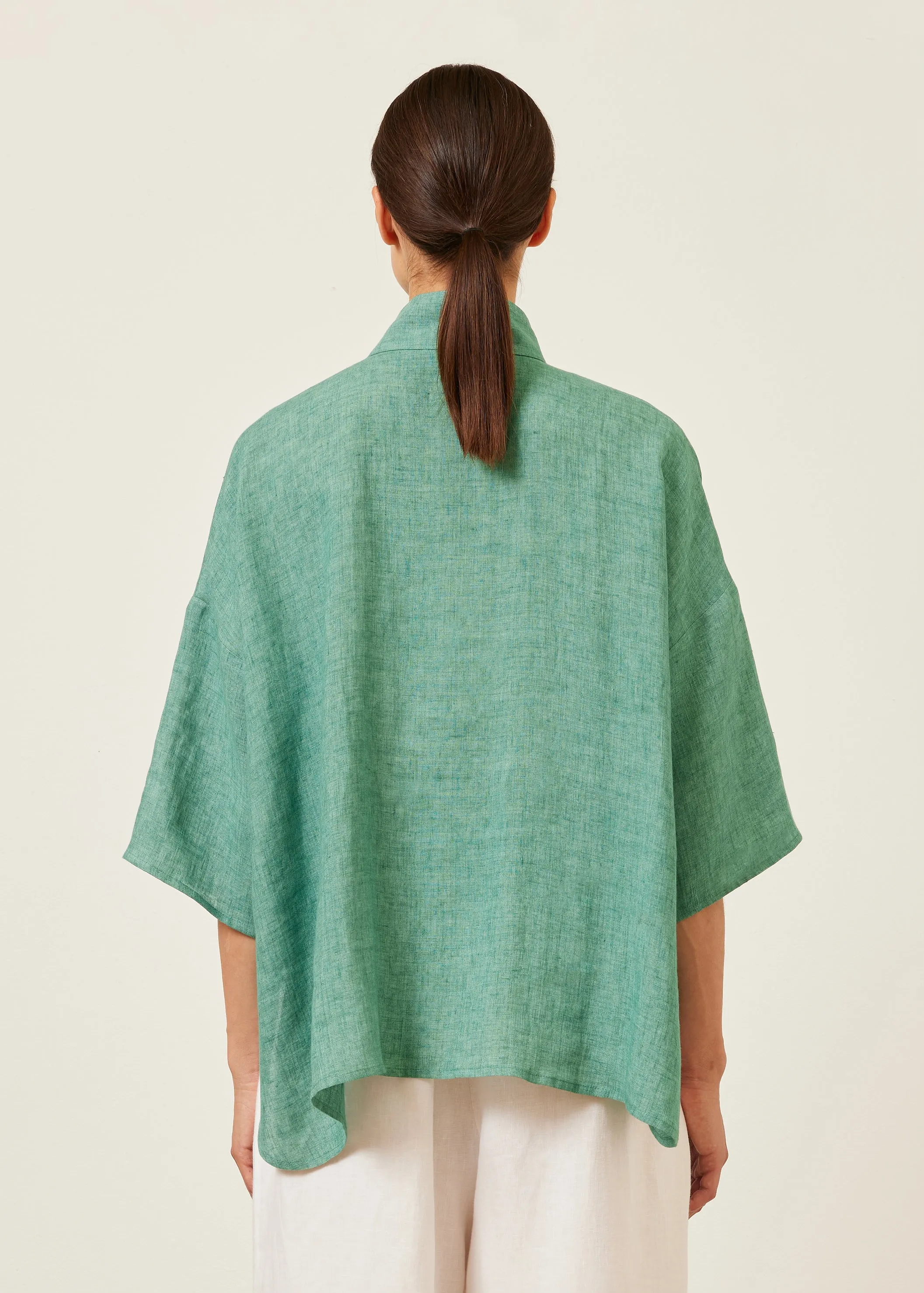 handkerchief linen sloped shoulder wide a-line pleated collar short sleeve shirt - mid sold by eskandar product image thumbnail 3