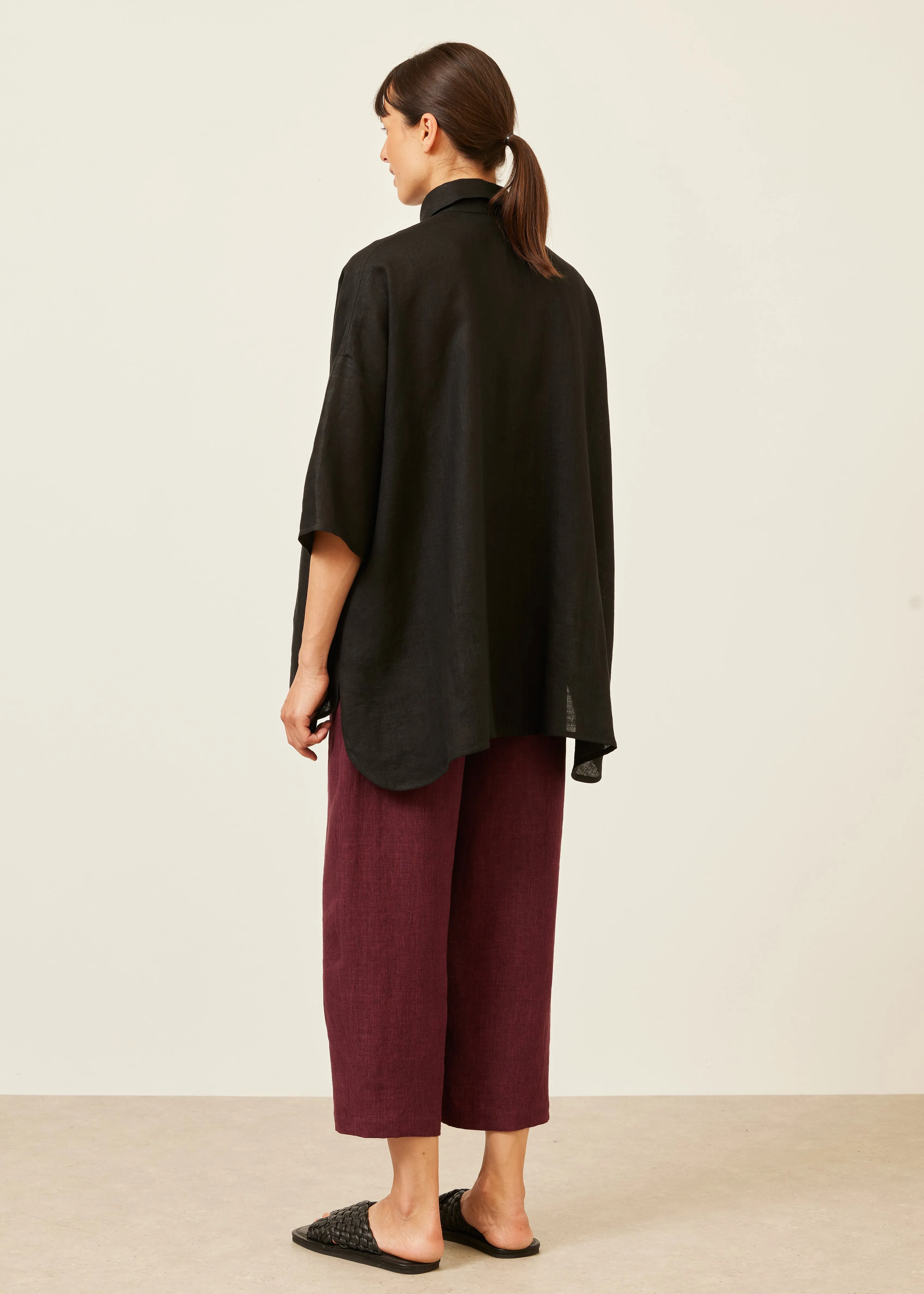 linen sloped shoulder wide a-line short sleeve shirt with collar - long (black) sold by eskandar product image thumbnail 4