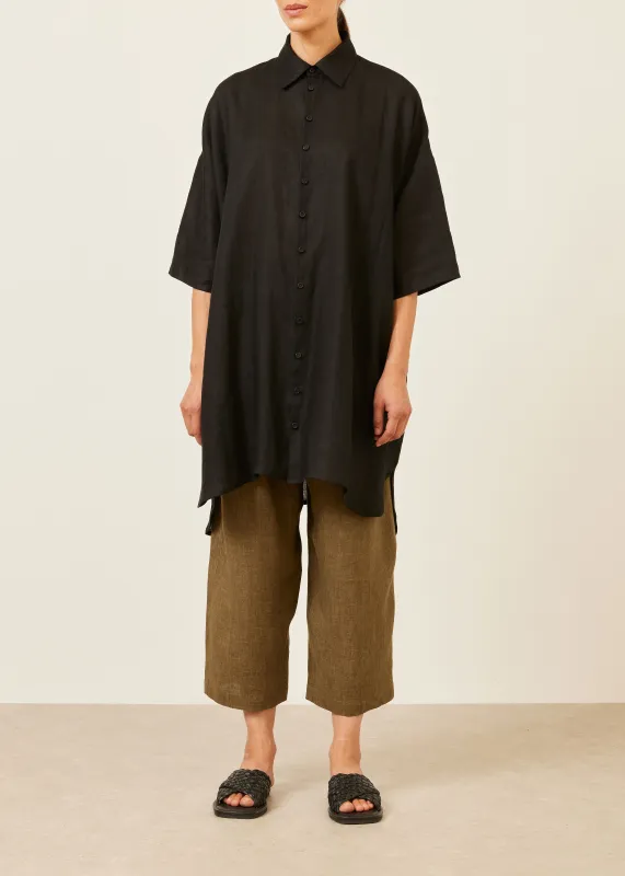 linen sloped shoulder wide a-line short sleeve shirt with collar - very long (black) sold by eskandar