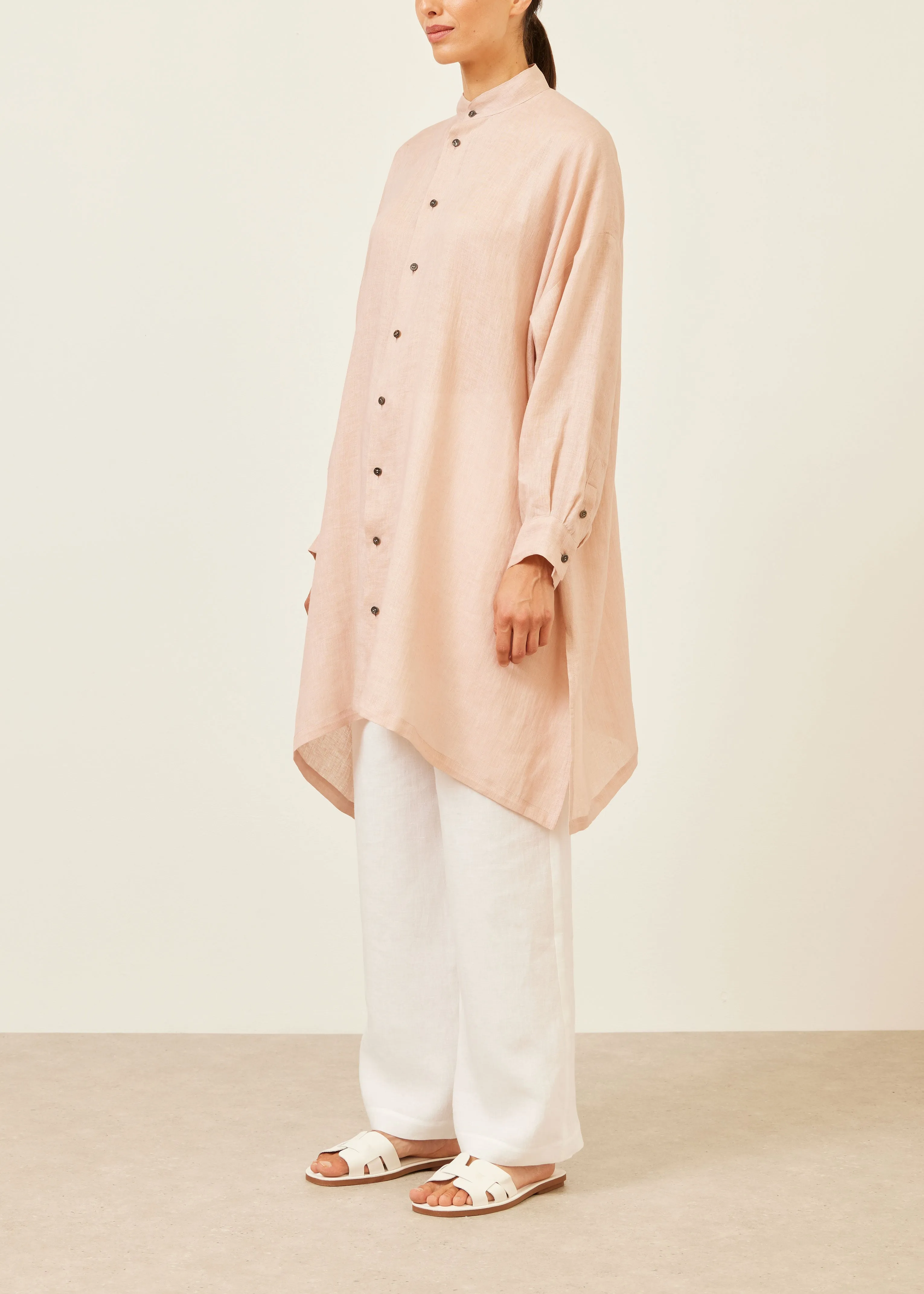 handkerchief linen wide a-line collarless shirt - very long with slits sold by eskandar product image thumbnail 2