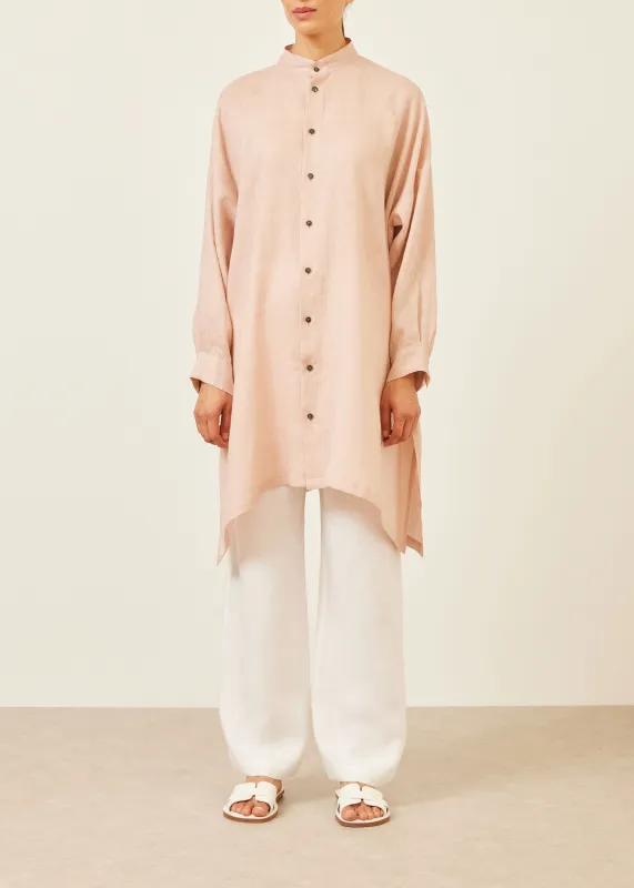 linen wide a-line collarless shirt - very long with slits sold by eskandar