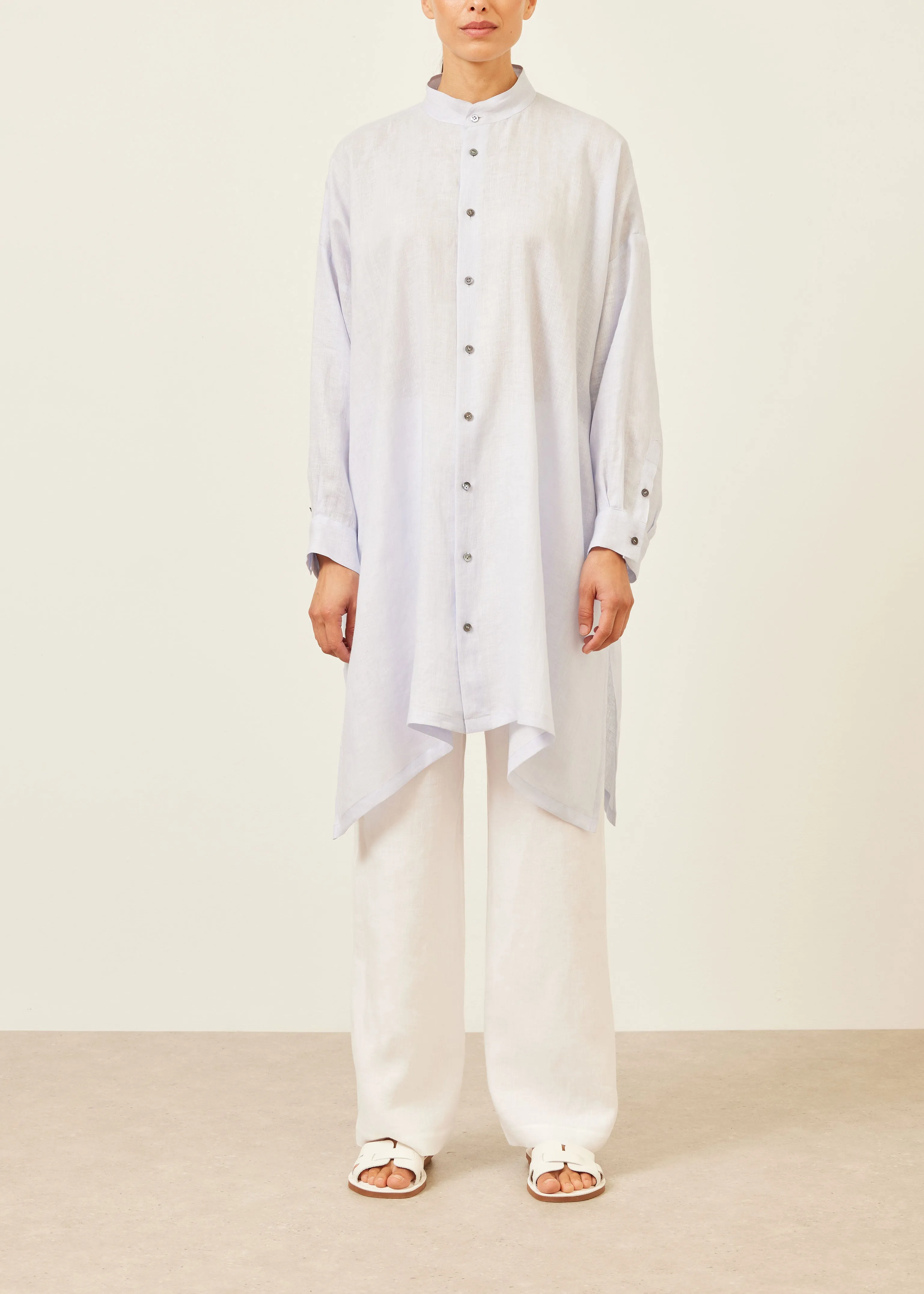 handkerchief linen wide a-line collarless shirt - very long with slits sold by eskandar