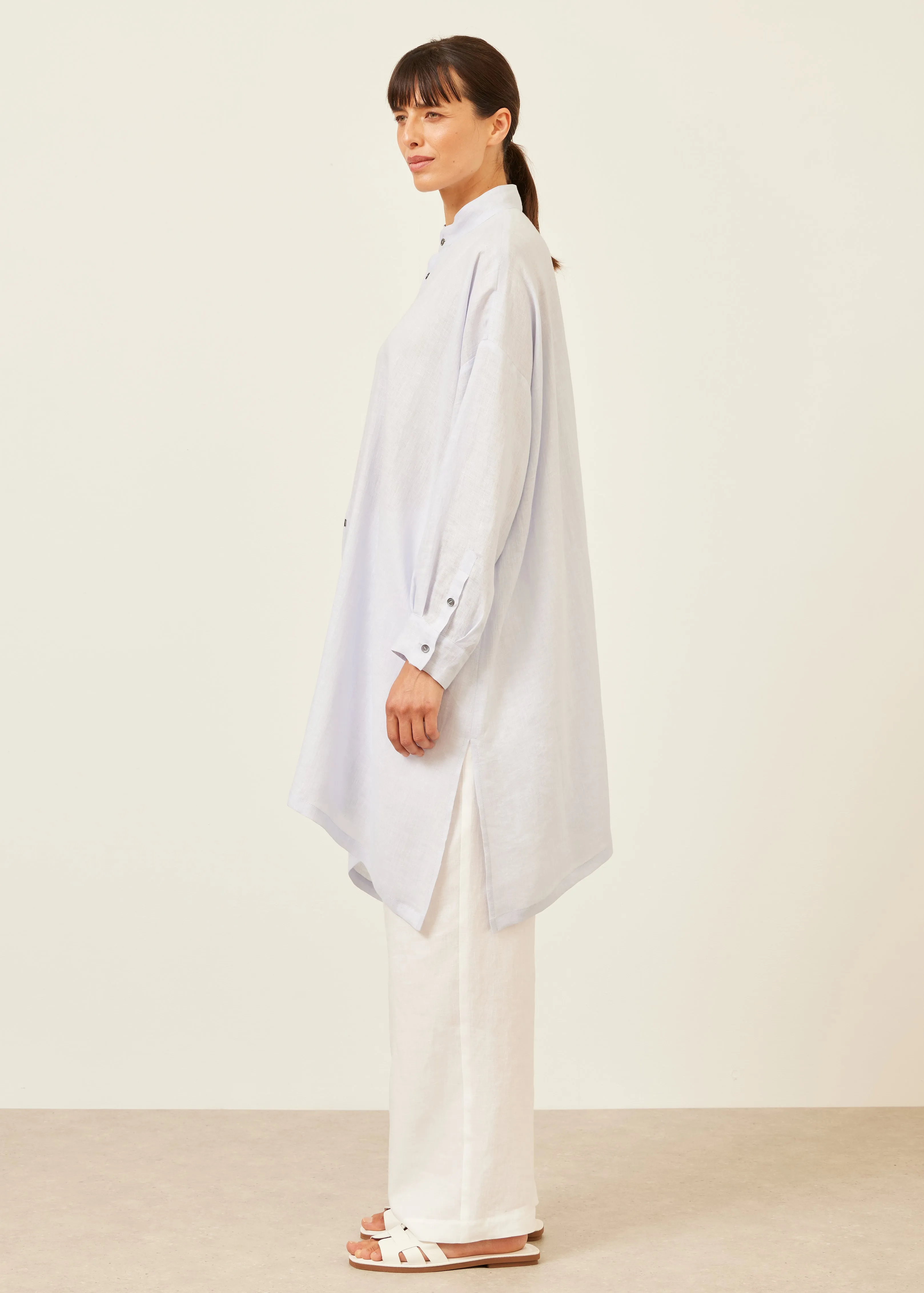handkerchief linen wide a-line collarless shirt - very long with slits sold by eskandar product image thumbnail 4