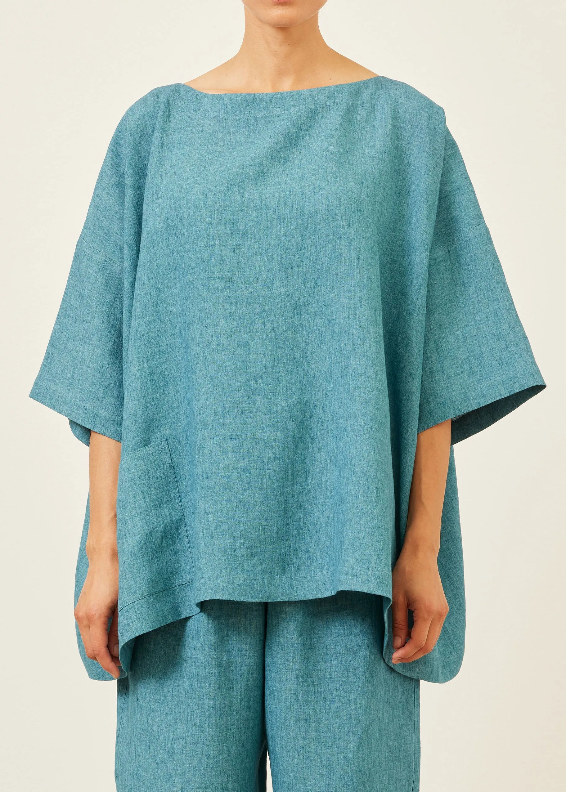 linen angle-to-front 3/4 sleeve scoop neck tunic - long sold by eskandar