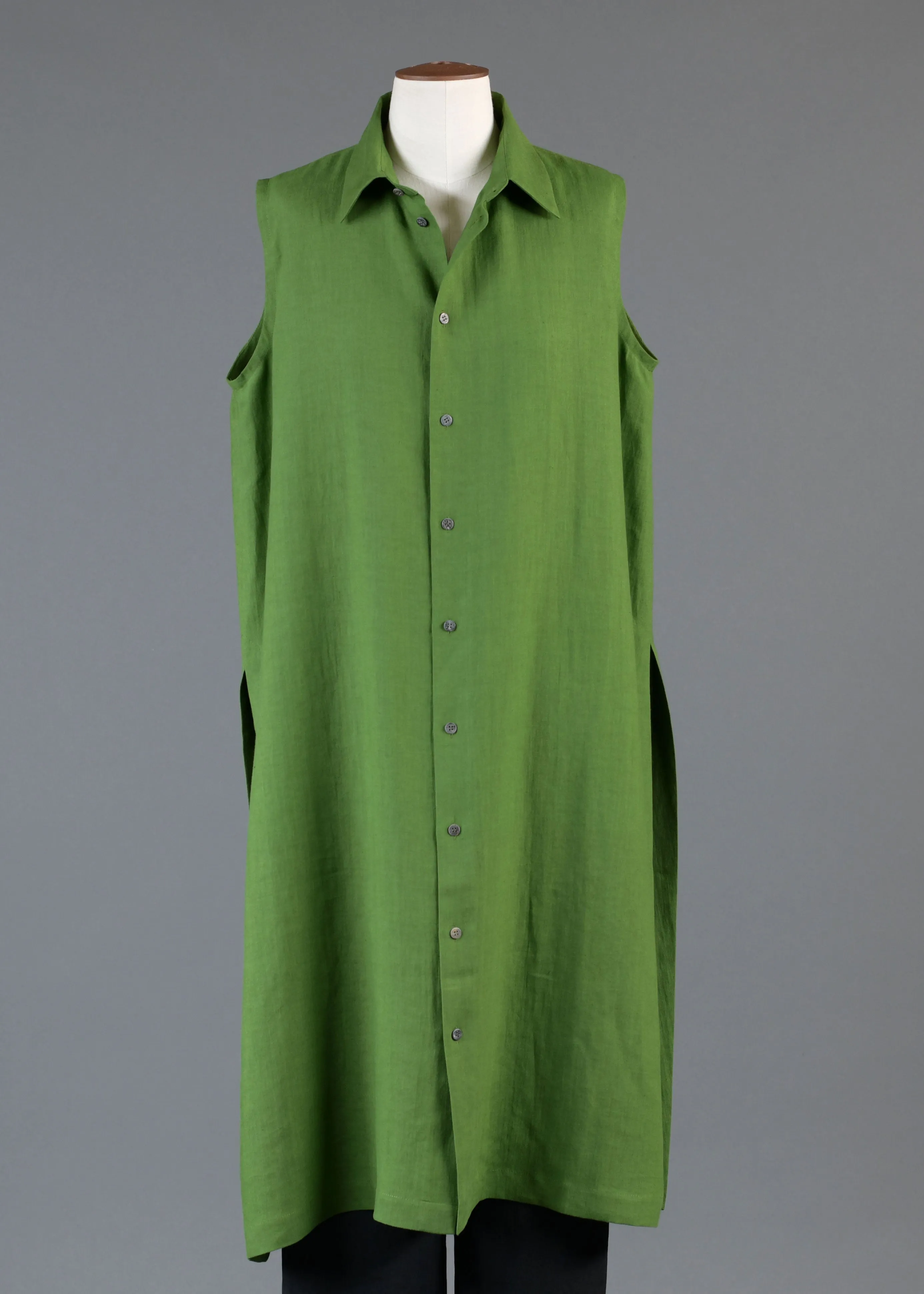 linen slim a-line sleeveless shirt dress with collar and side slit detail sold by eskandar