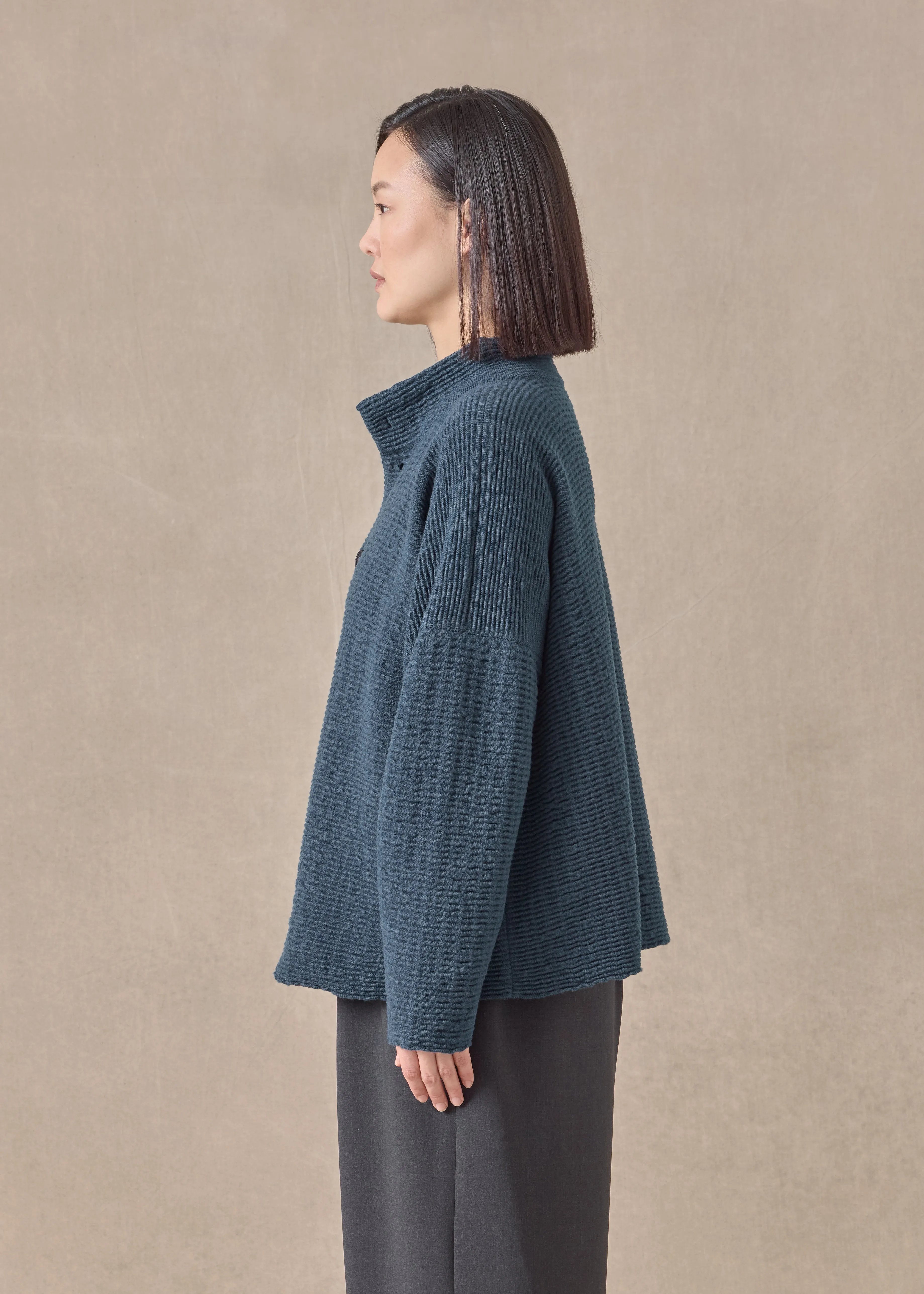 cashmere 3/4 width high neck cardigan - mid (tealdark) sold by eskandar product image thumbnail 3