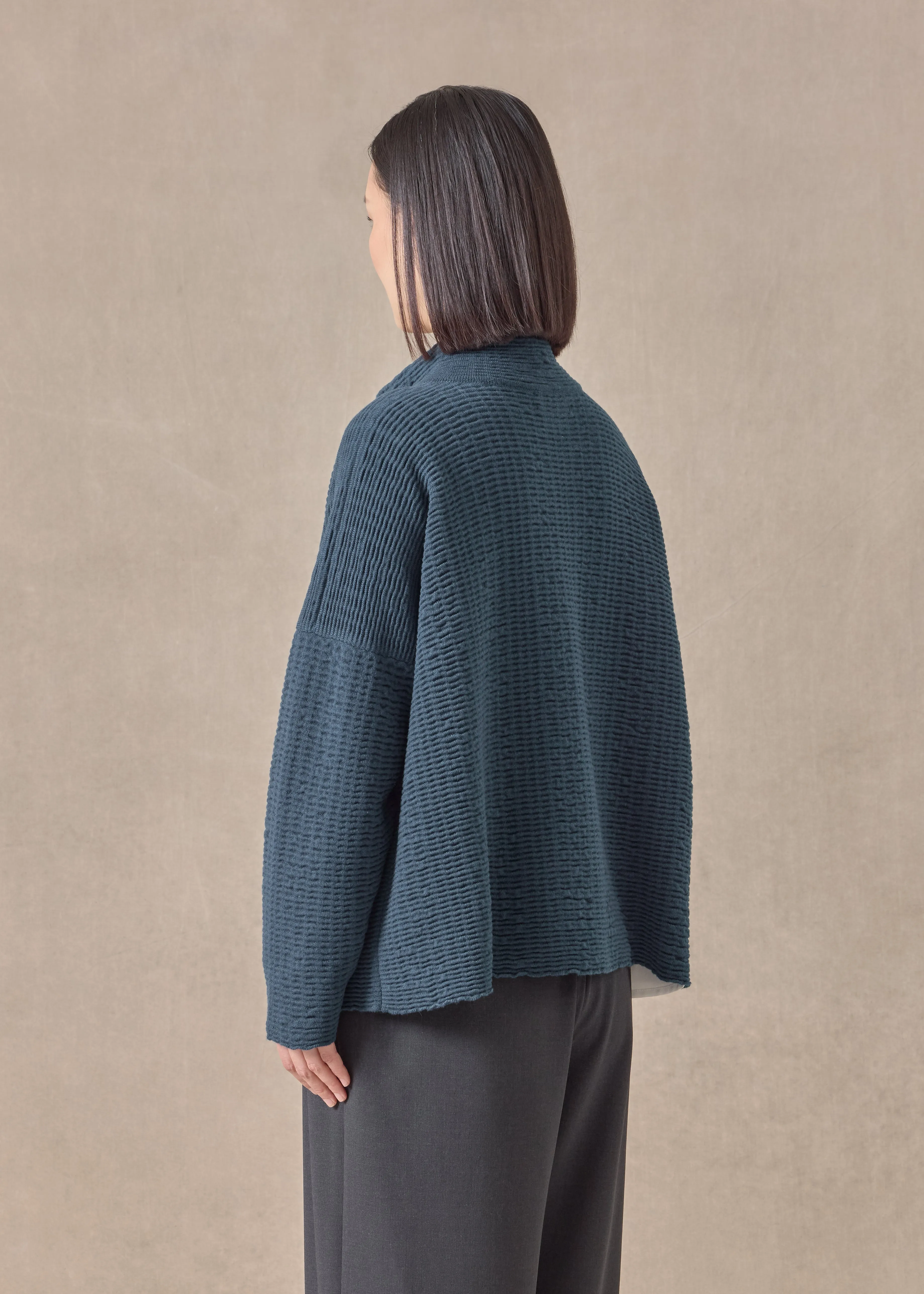 cashmere 3/4 width high neck cardigan - mid (tealdark) sold by eskandar product image thumbnail 4