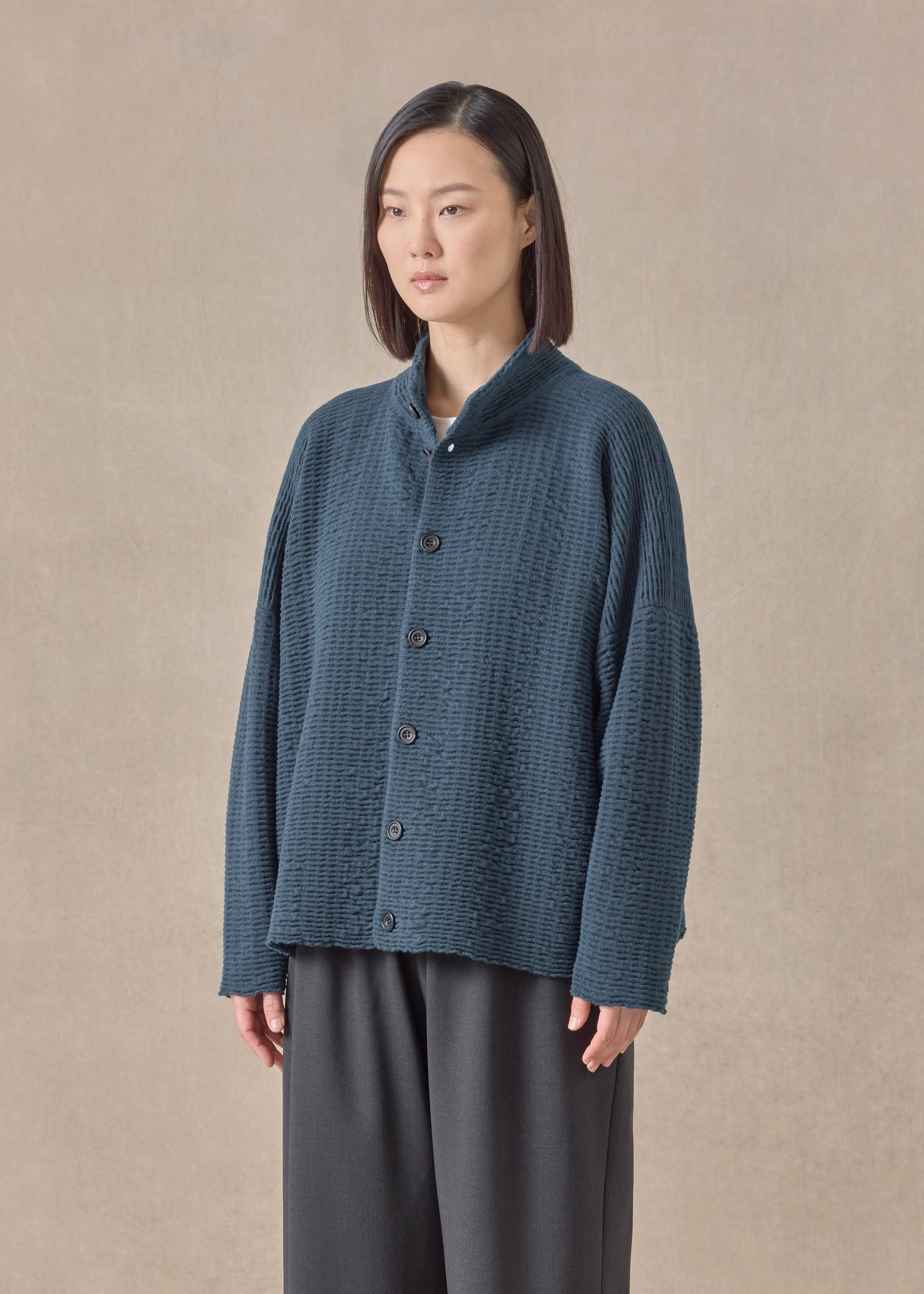 cashmere 3/4 width high neck cardigan - mid (tealdark) sold by eskandar product image thumbnail 2