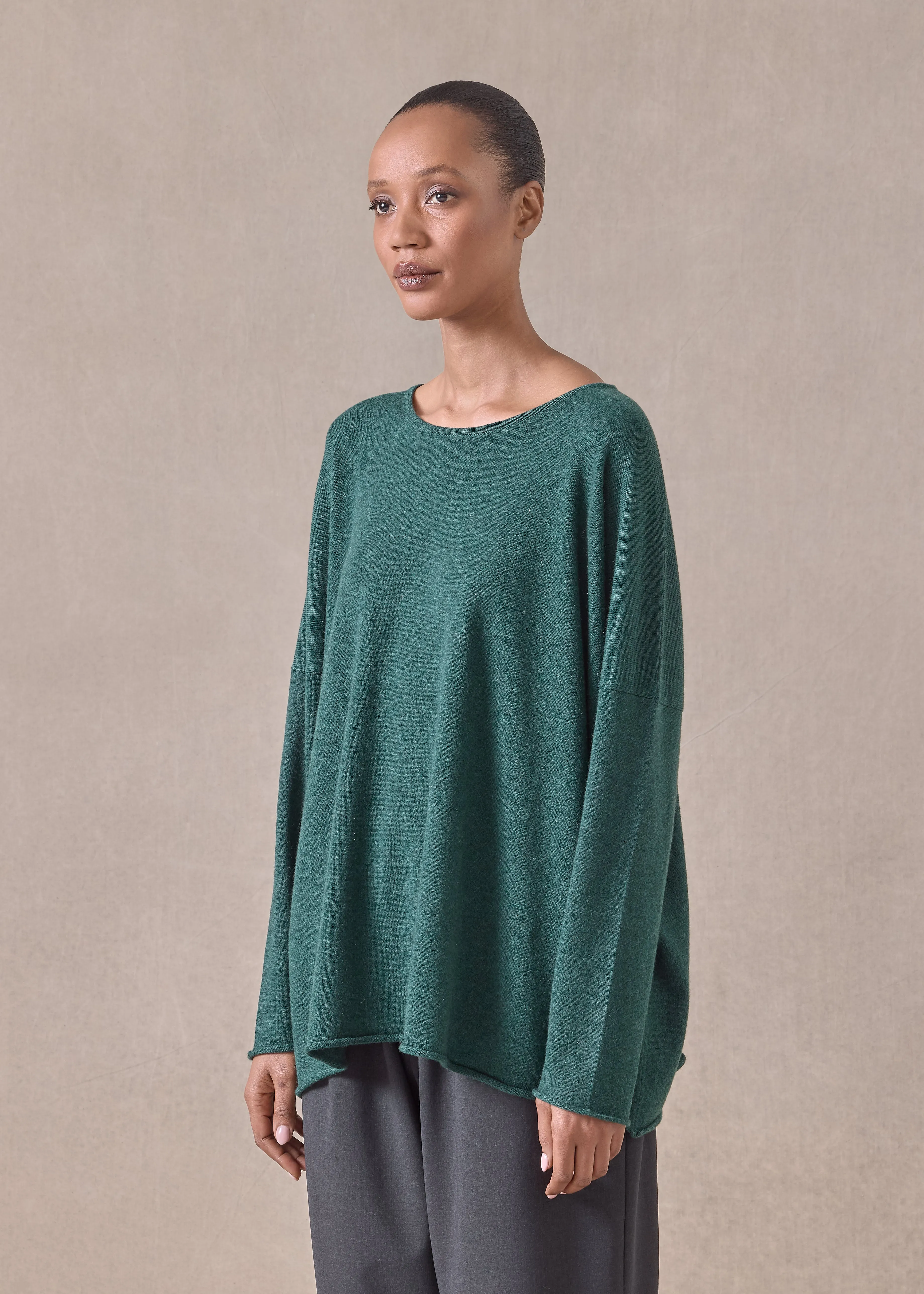 cashmere slim sleeve raw edge bateau neck - mid plus (spruce) sold by eskandar product image thumbnail 2