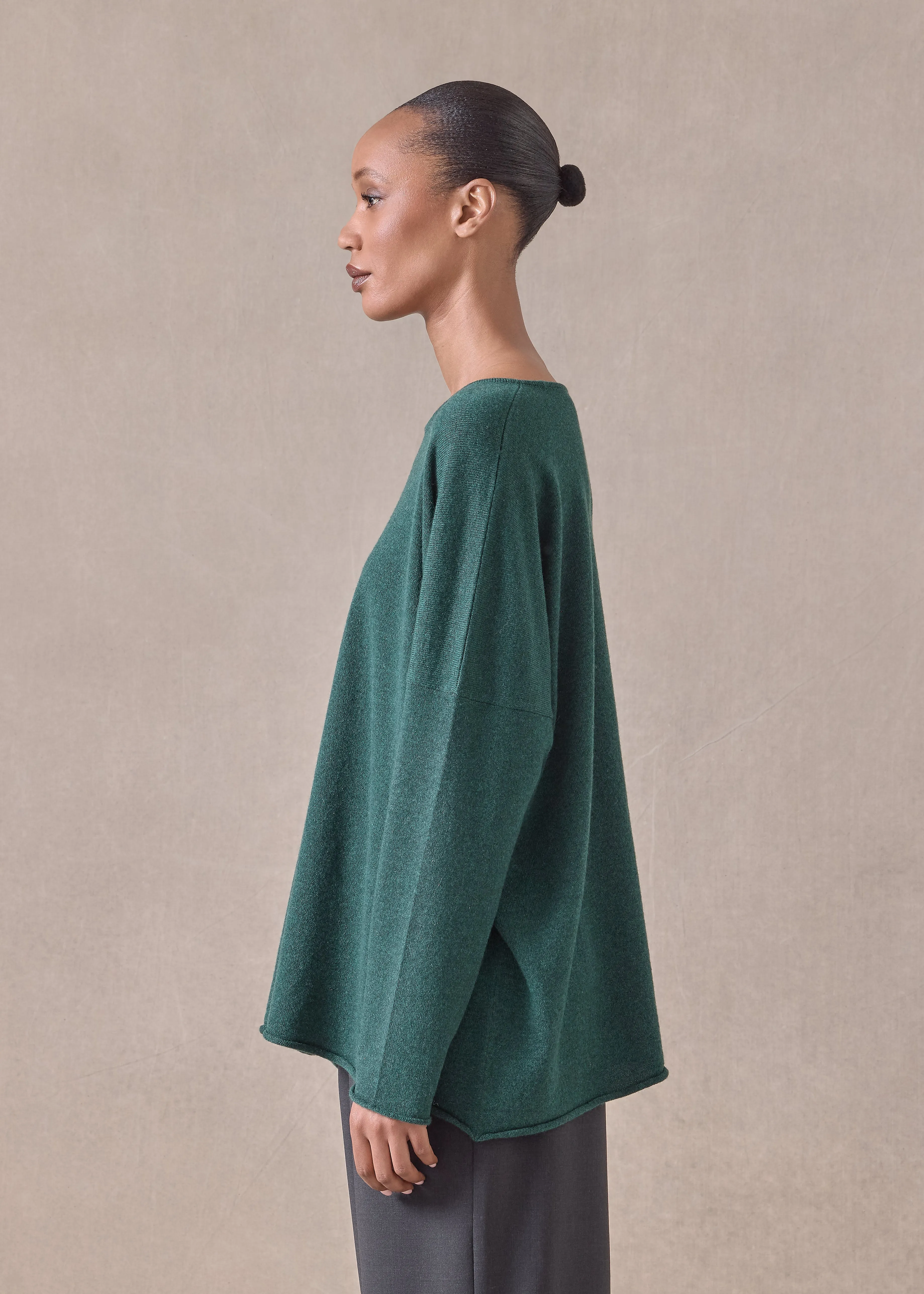 cashmere slim sleeve raw edge bateau neck - mid plus (spruce) sold by eskandar product image thumbnail 3