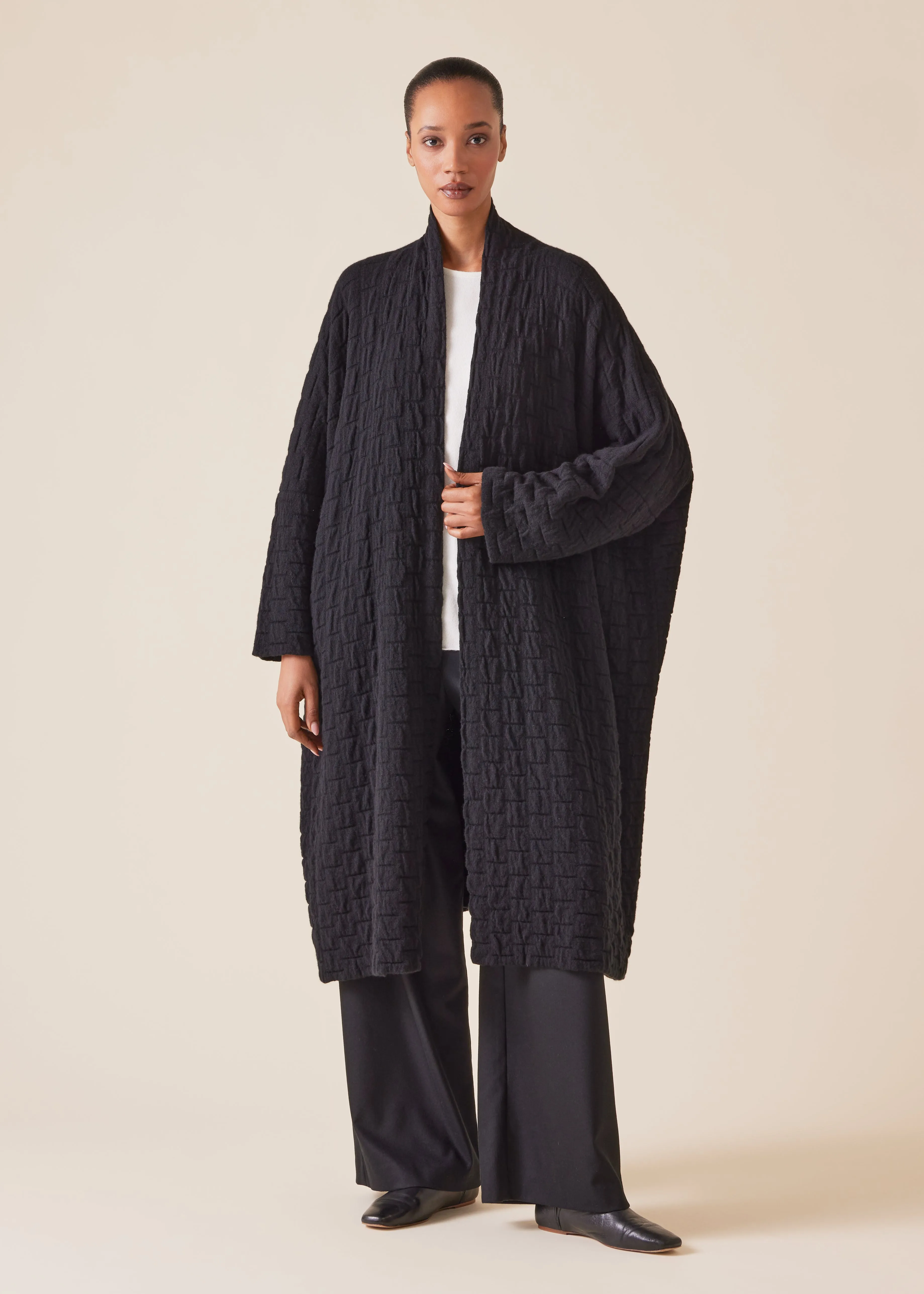 cashmere knitted wide scrunch shawl collar cardigan - 3/4 length (black) sold by eskandar product image thumbnail 2