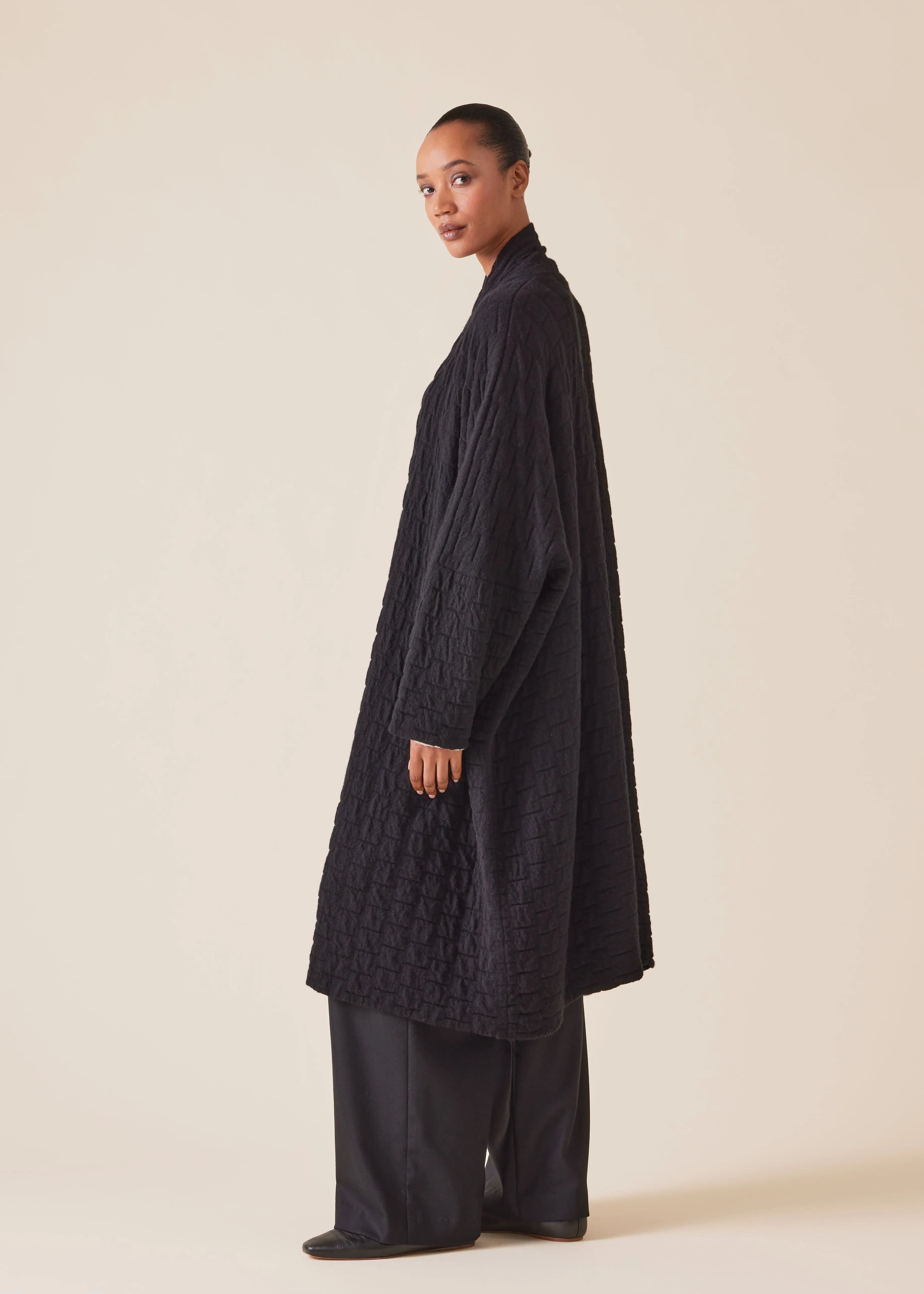 cashmere knitted wide scrunch shawl collar cardigan - 3/4 length (black) sold by eskandar product image thumbnail 4