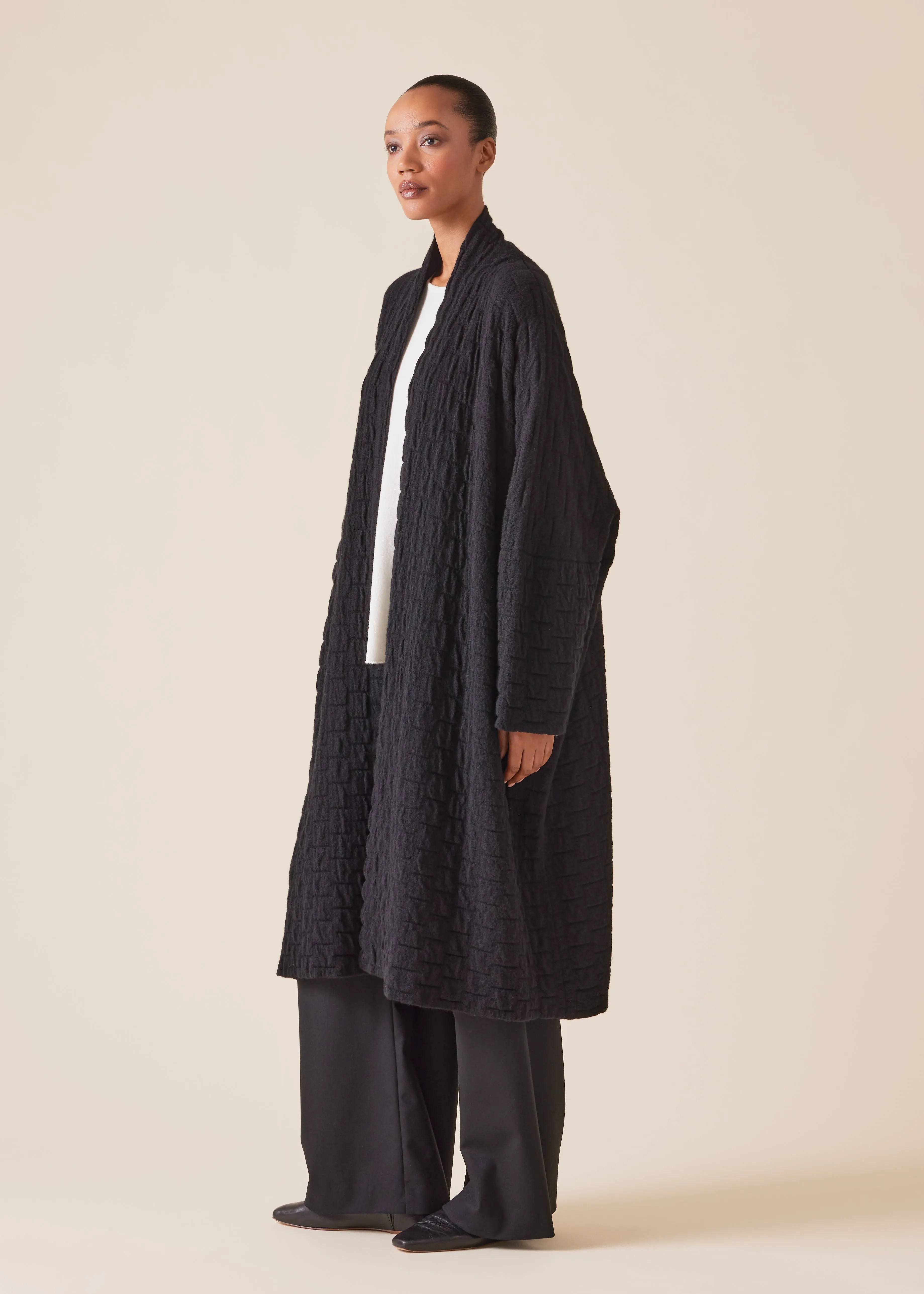 cashmere knitted wide scrunch shawl collar cardigan - 3/4 length (black) sold by eskandar product image thumbnail 3