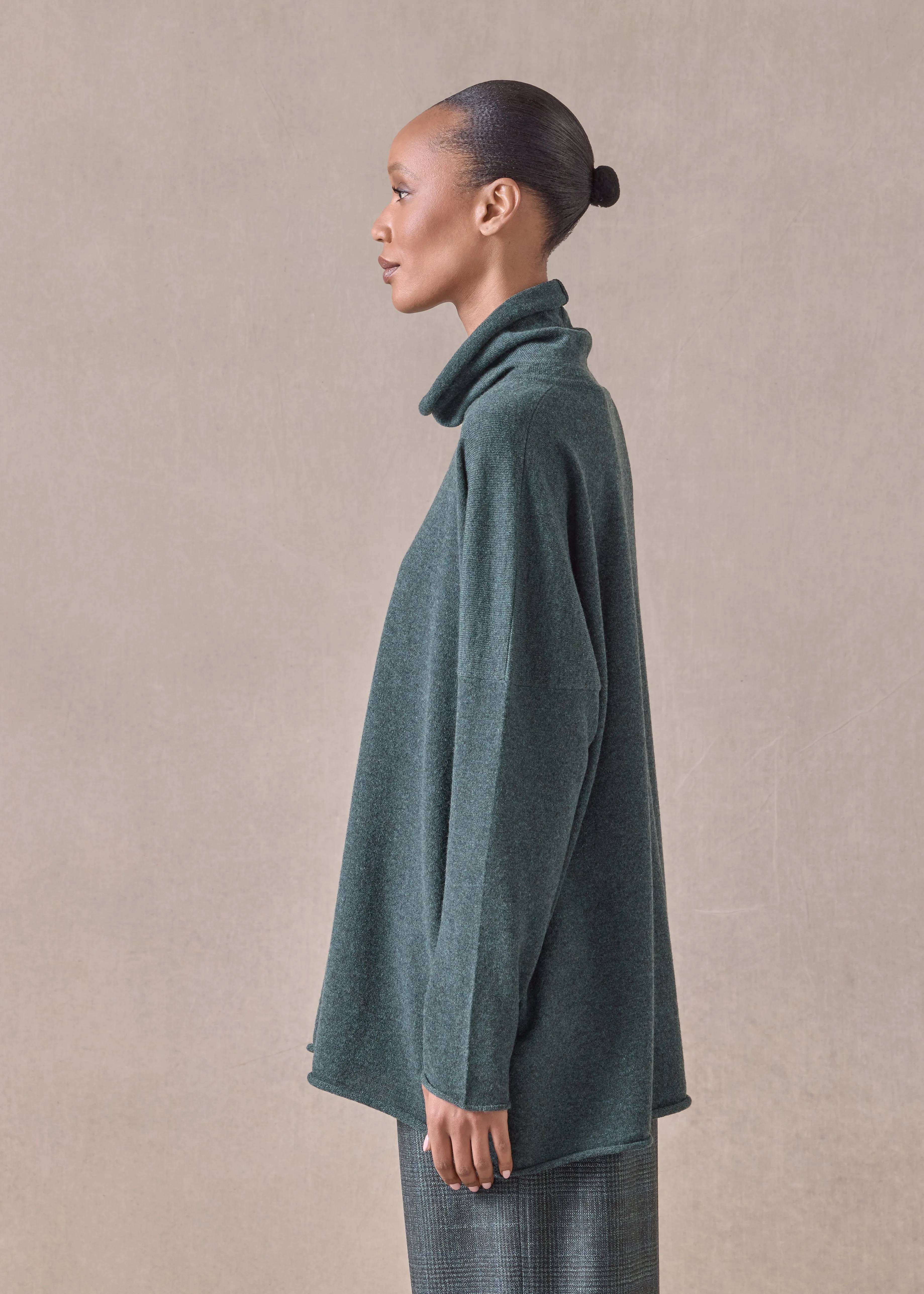 cashmere slim sleeve raw edge scrunch neck - mid plus (darkforest) sold by eskandar product image thumbnail 2