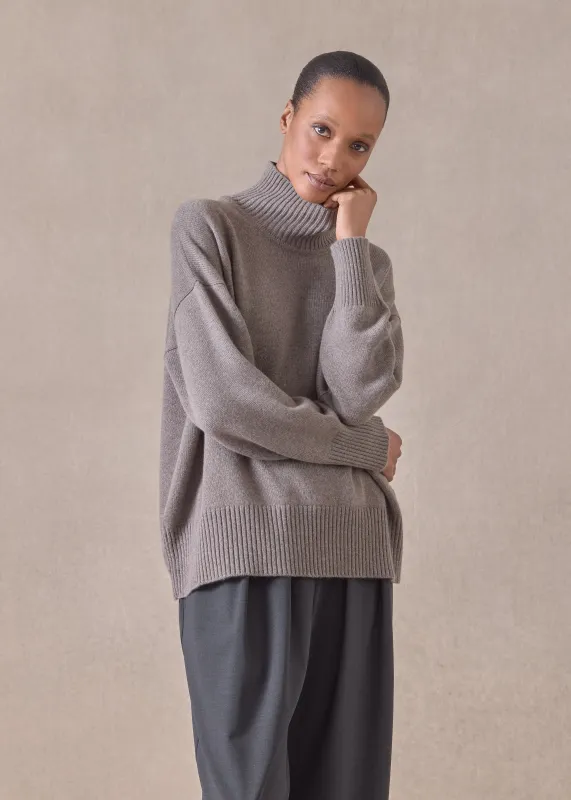 cashmere small long sleeve high neck sweater - mid (bison) sold by eskandar